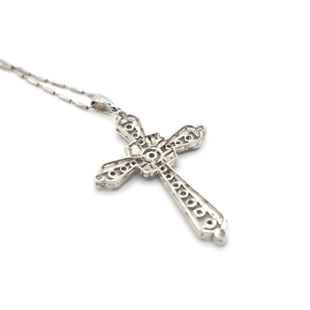 Vintage Sterling Silver Filigree and Simulated Diamond Cross Pendant Necklace