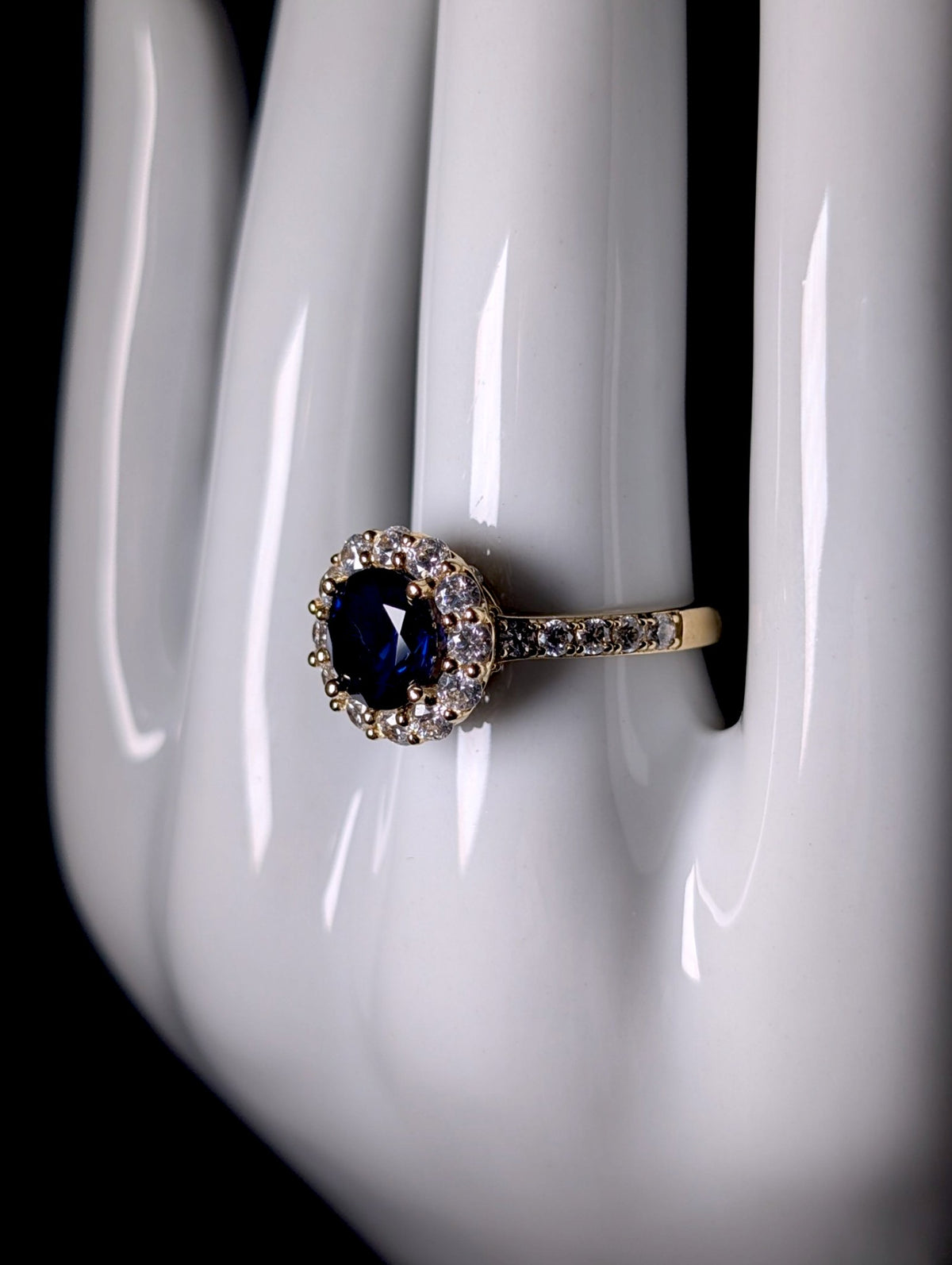 Vintage Round Cut Genuine Blue Sapphire Solitaire with Simulated Diamond Halo 10k Gold over Sterling Silver Ring