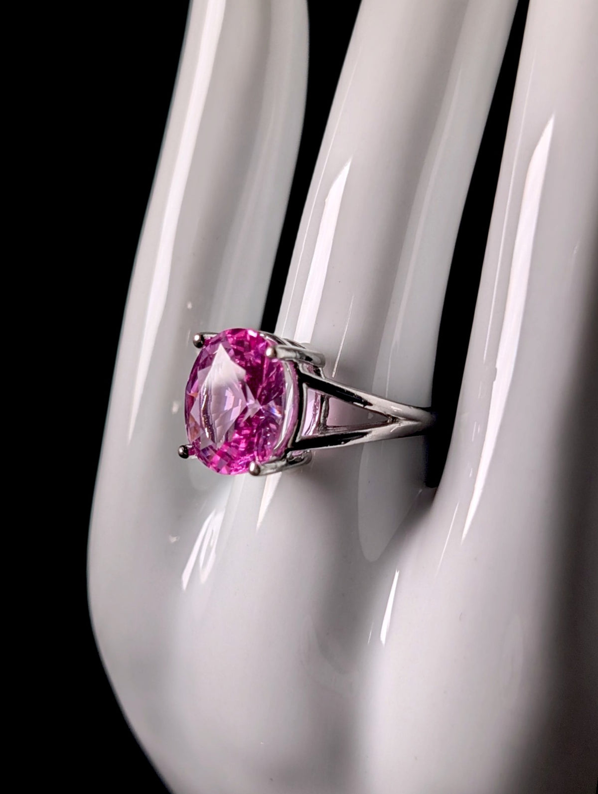 Vintage Large Genuine Pink Sapphire Solitaire Split Shank Sterling Silver Ring