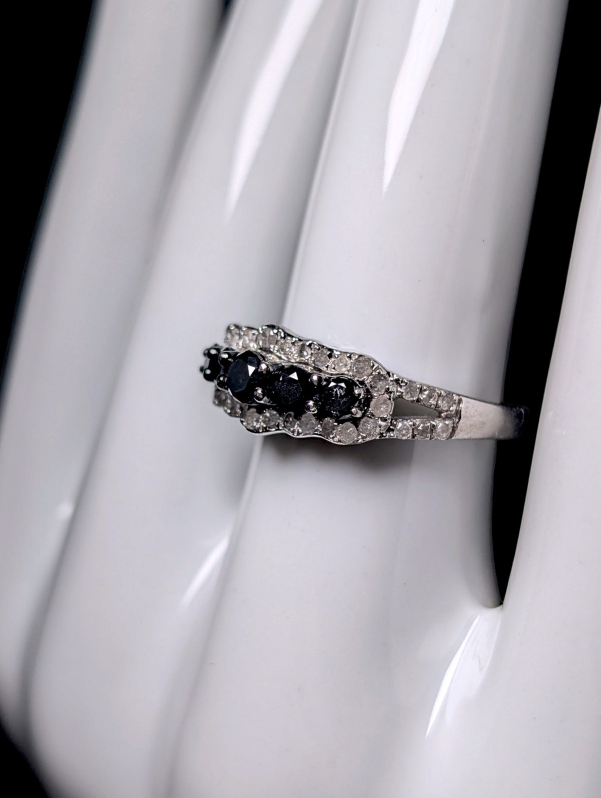 Vintage Edwardian Inspired Genuine Black and White Diamond Sterling Silver Stackable Band Ring