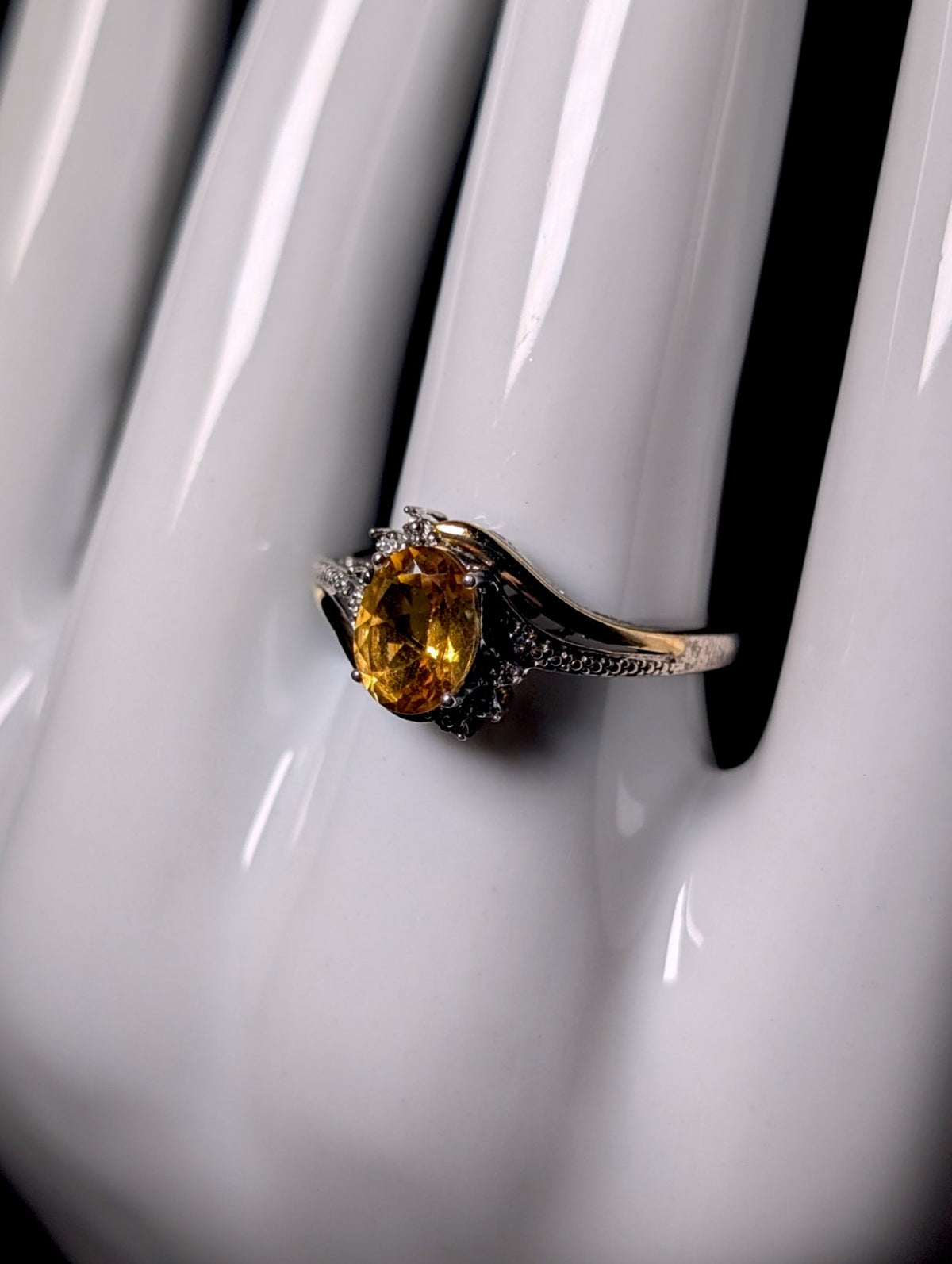 Vintage Oval Cut Genuine Golden Citrine Solitaire, Diamond Accents 10k Gold over Sterling Silver Ring
