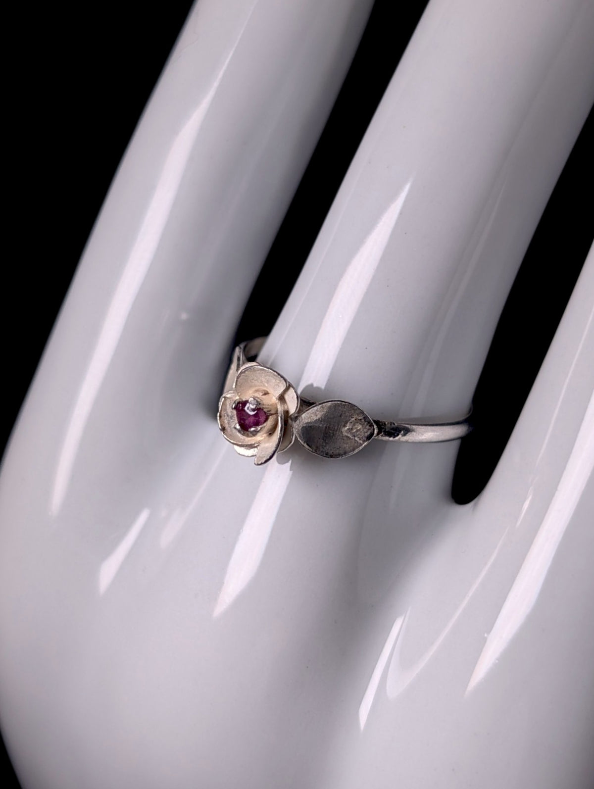 Vintage Dainty Genuine Ruby Solitaire Flower Sterling Silver Stackable Ring
