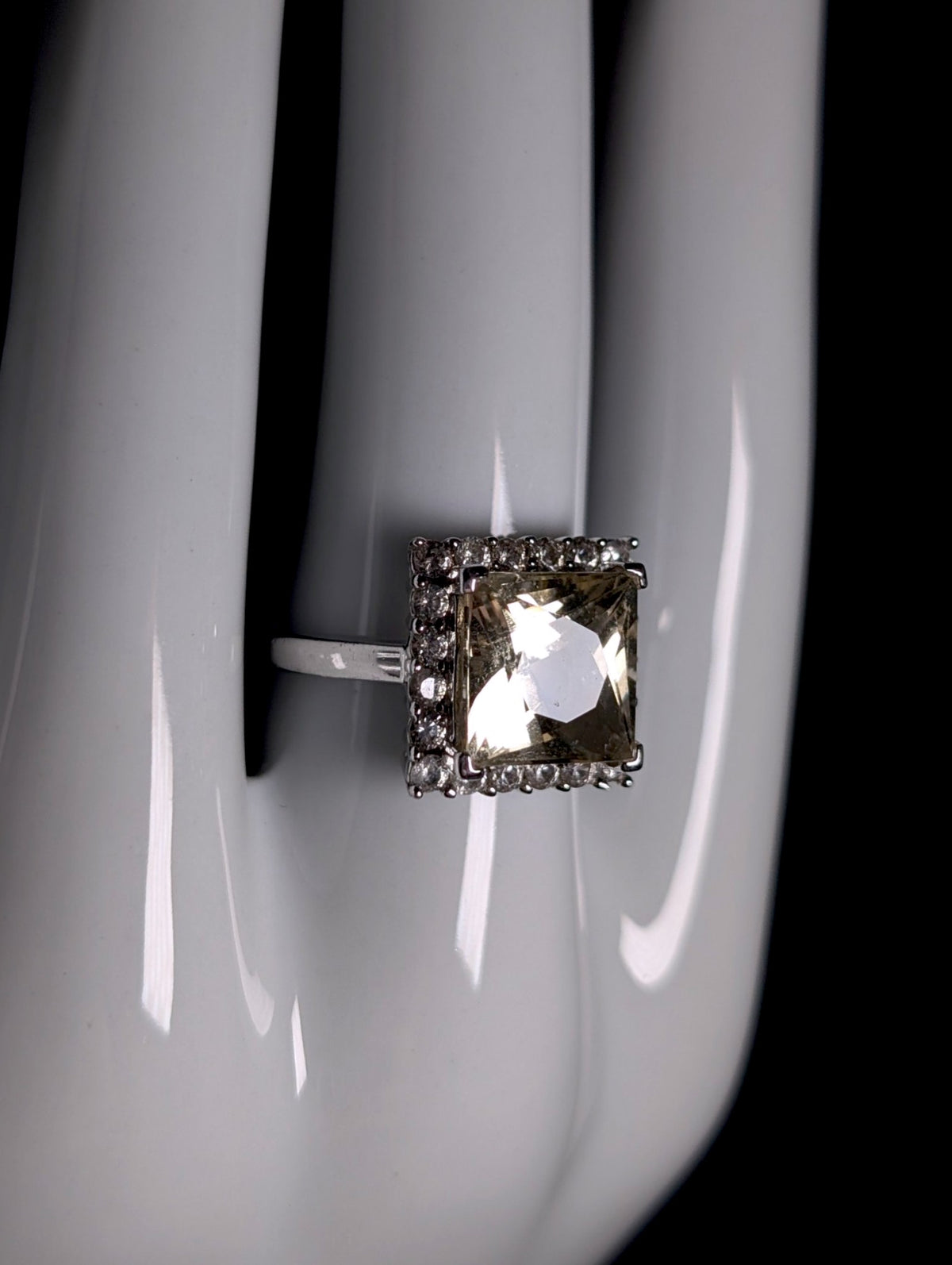 Vintage Genuine White Topaz Halo and Princess Cut Simulated Citrine Solitaire Sterling Silver Ring