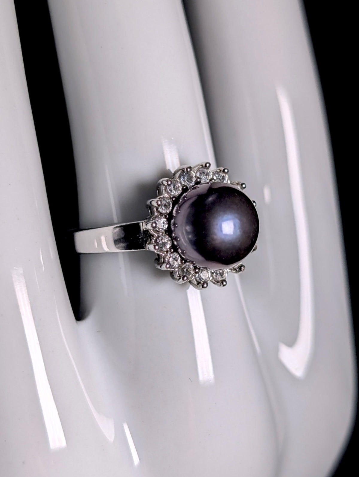 Vintage Genuine Aubergine Tahitian Pearl with Topaz Halo Sterling Silver Ring