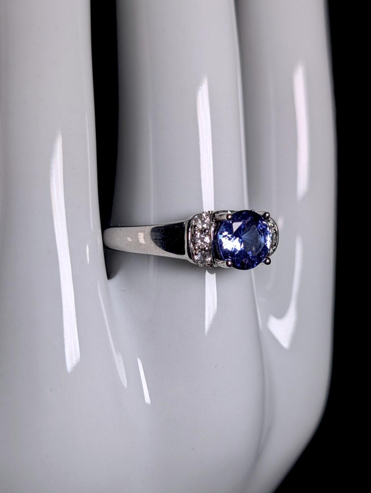 Vintage Round Cut Genuine Tanzanite Solitaire and White Zircon Sterling Silver Band Ring