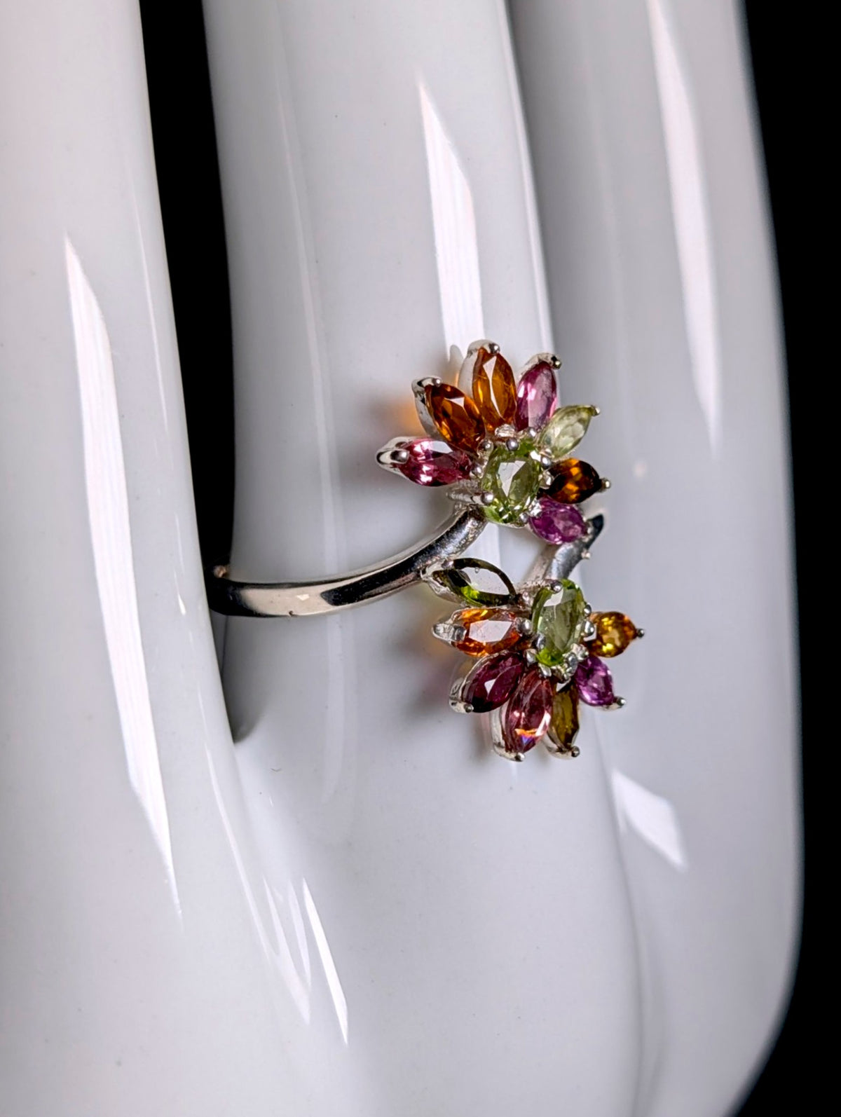 Vintage Double Flower Genuine Rainbow Tourmaline Sterling Silver Wrap Ring