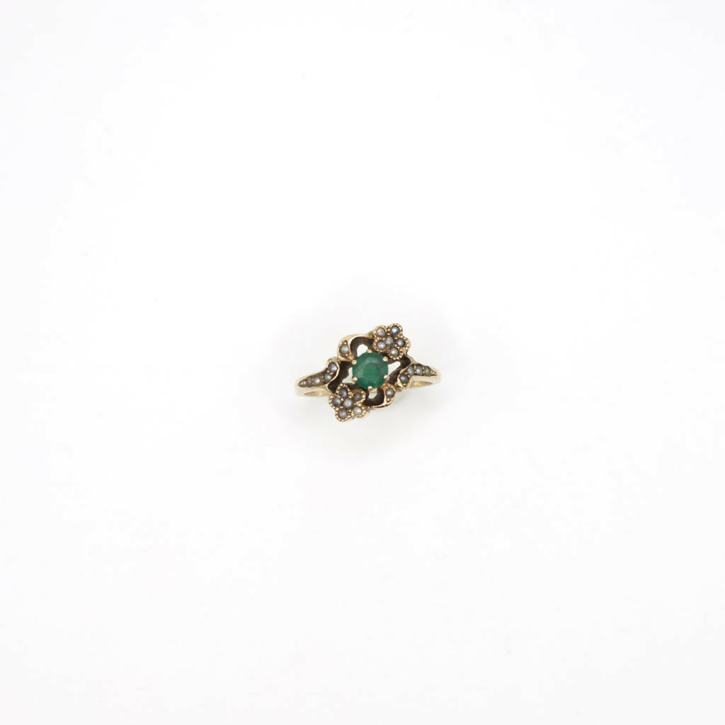 Vintage Victorian Style Genuine Emerald and Seed Pearl Ring In 10K Yellow Gold