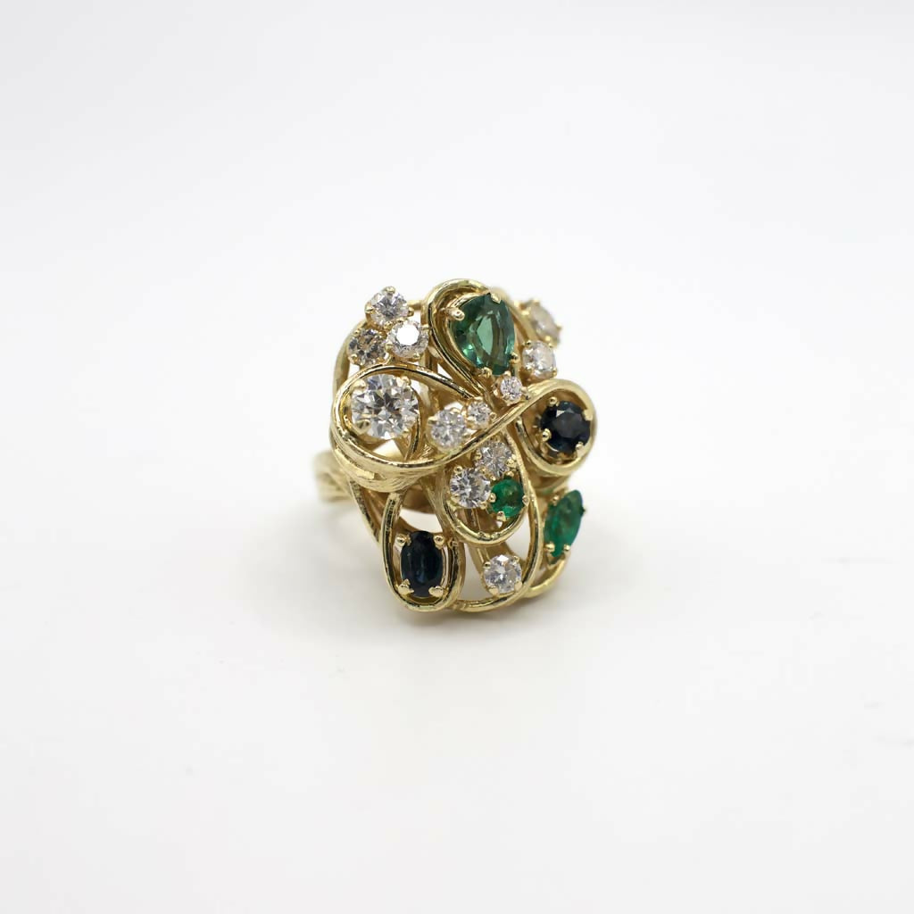 Rare Vintage Genuine Diamond, Sapphire, and Emerald Statement Ring In 14K Yellow Gold