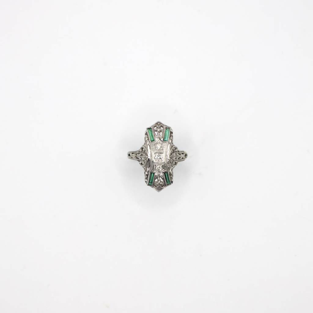 Antique Art Deco Genuine Diamond, Simulated Emerald, and 14K/18K White Gold Filigree Shield Ring