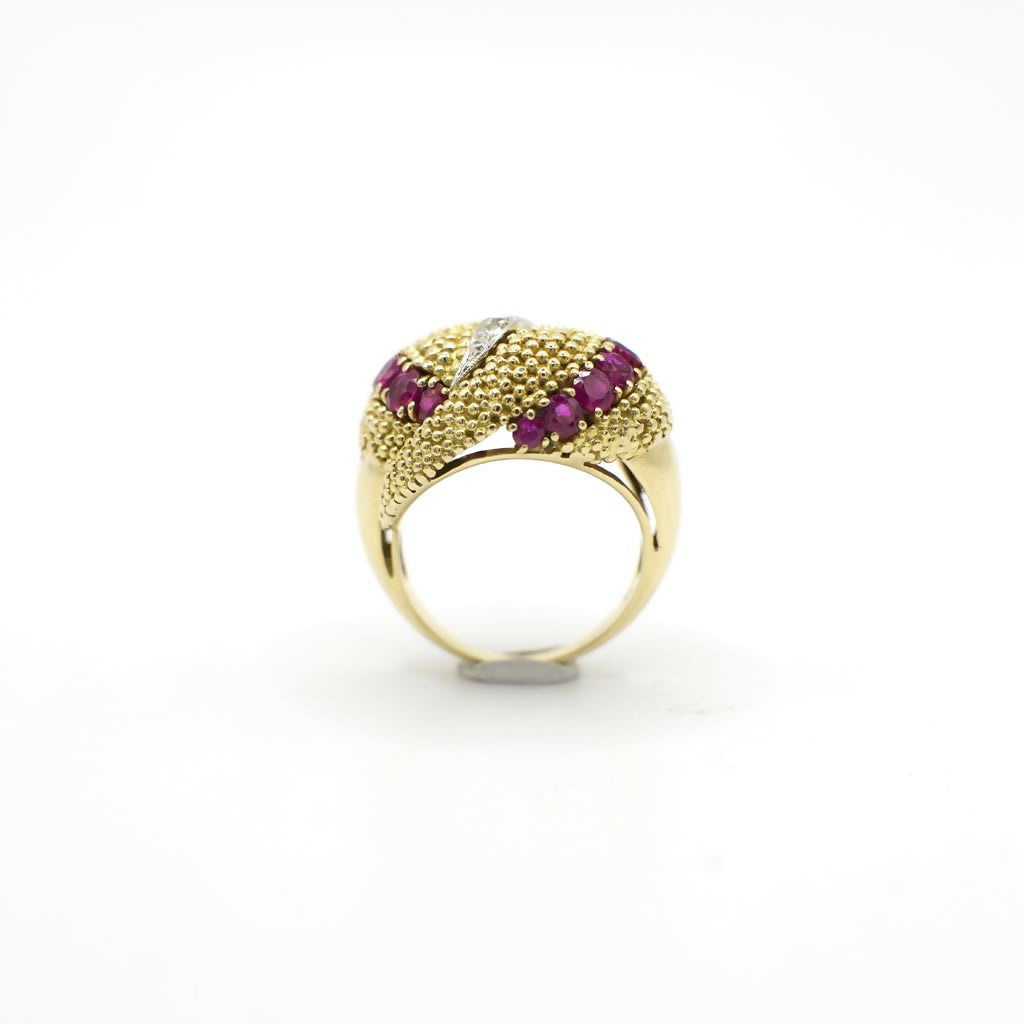 Vintage Italian Genuine Diamond and Ruby Cocktail Ring In 18K Yellow Gold