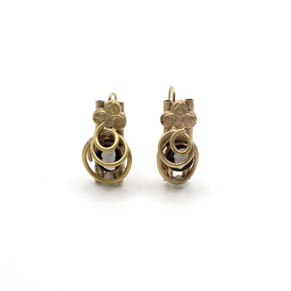 Antique Simulated Onyx Gold Tone Wrapped Cameo Earrings