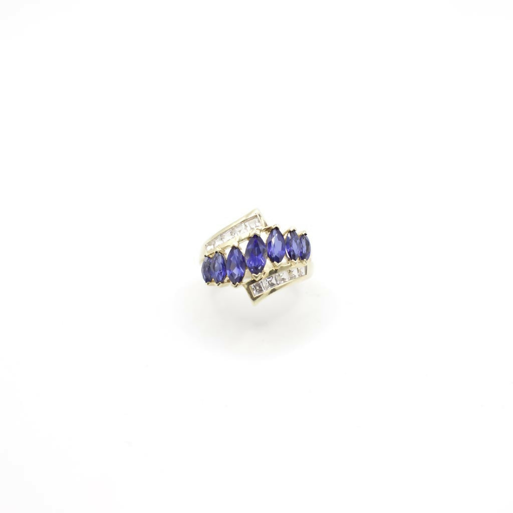 Vintage Samuel Aaron Designer Statement Ring With Genuine Blue and White Sapphire in 10K Yellow Gold