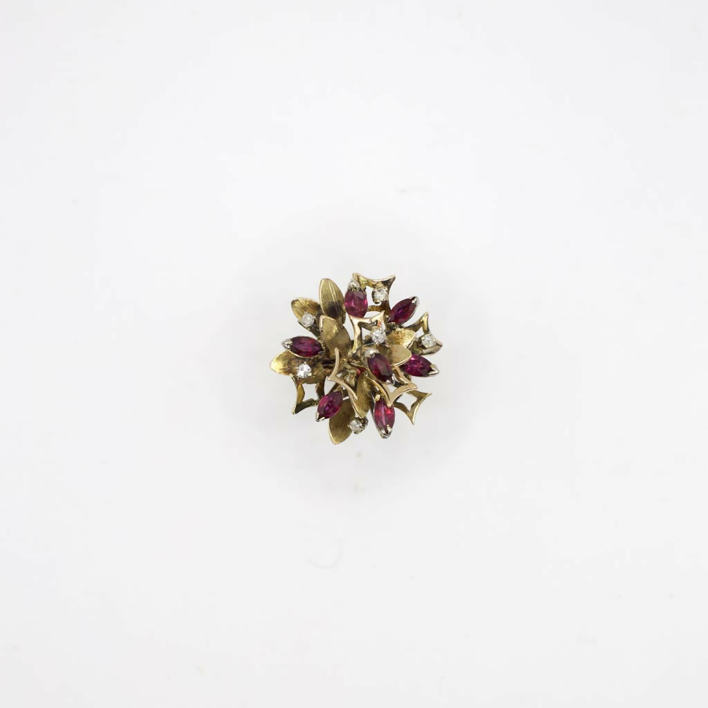 Vintage Genuine Diamond And Ruby Mid-Century Statement Ring In 14K Yellow Gold