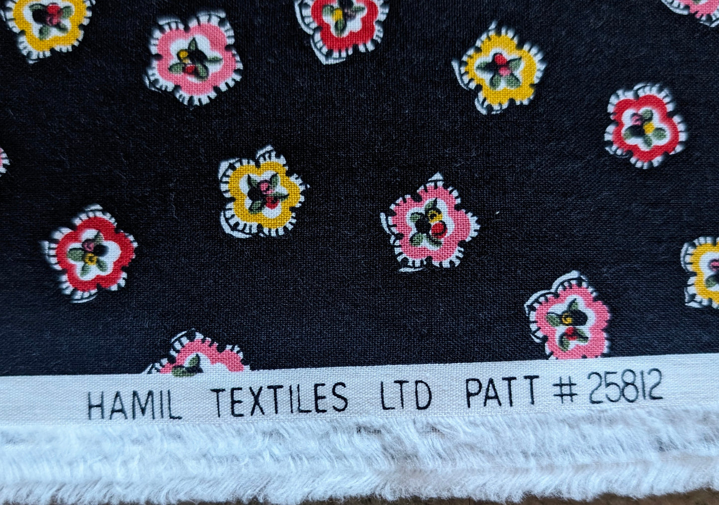 Vintage Fabric - MCM Flowers on Black Background Cotton by Hamil Textiles