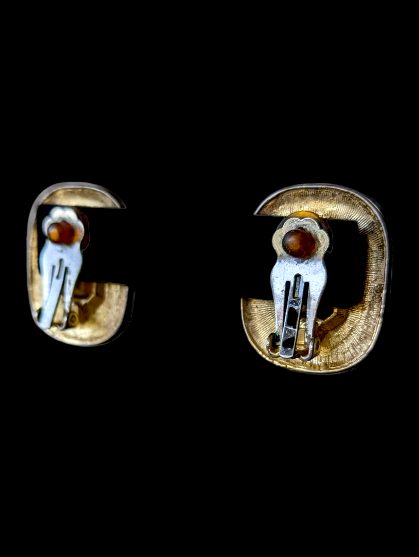 Vintage Smokey Gray Glass Stone with Black Enamel and Gold Trim with Rhinestones Clip on Earrings