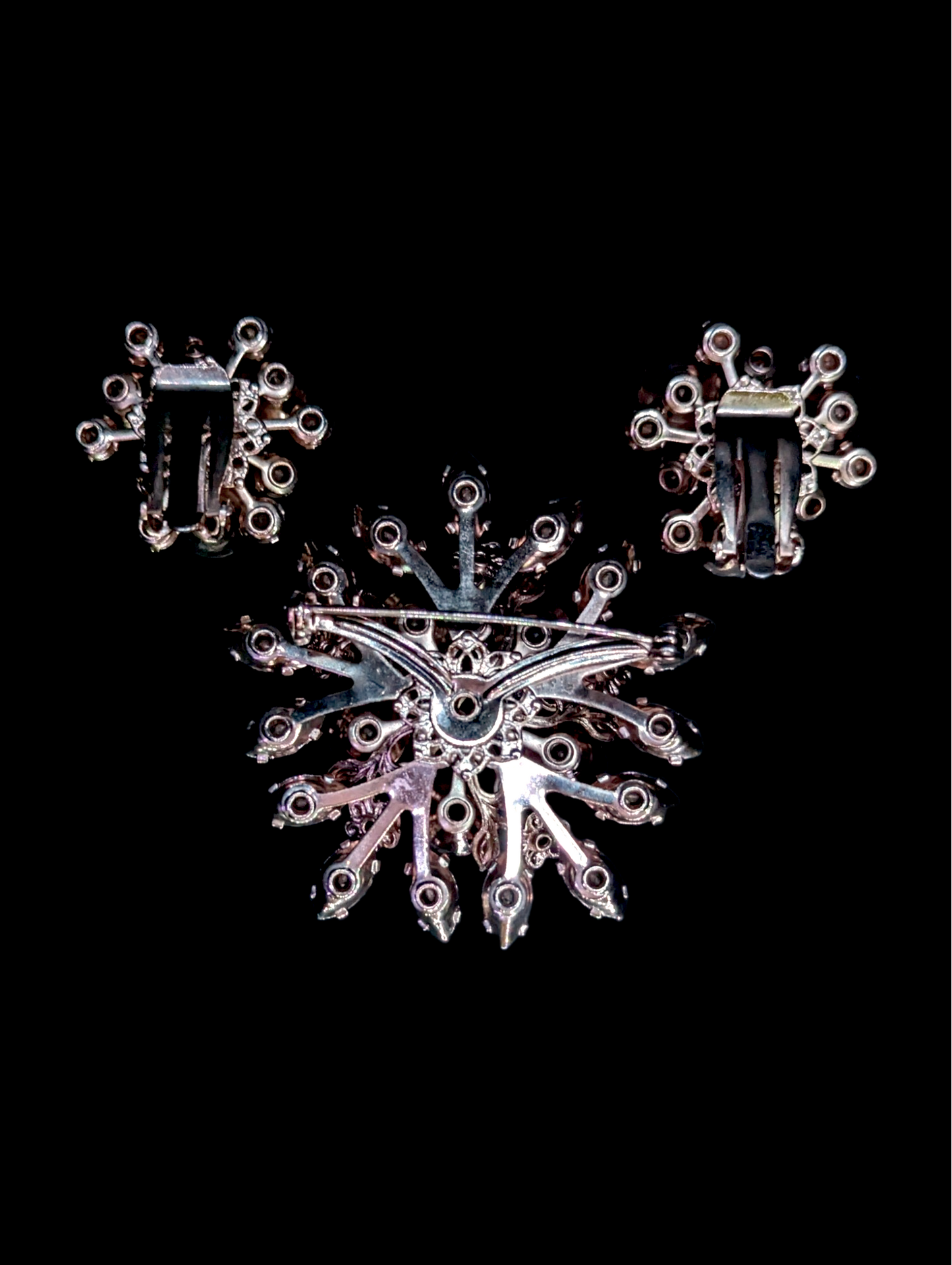 Mid-Century Modern Pink Aurura Borealis Crystal Rhinestone Brooch and Earrings Set