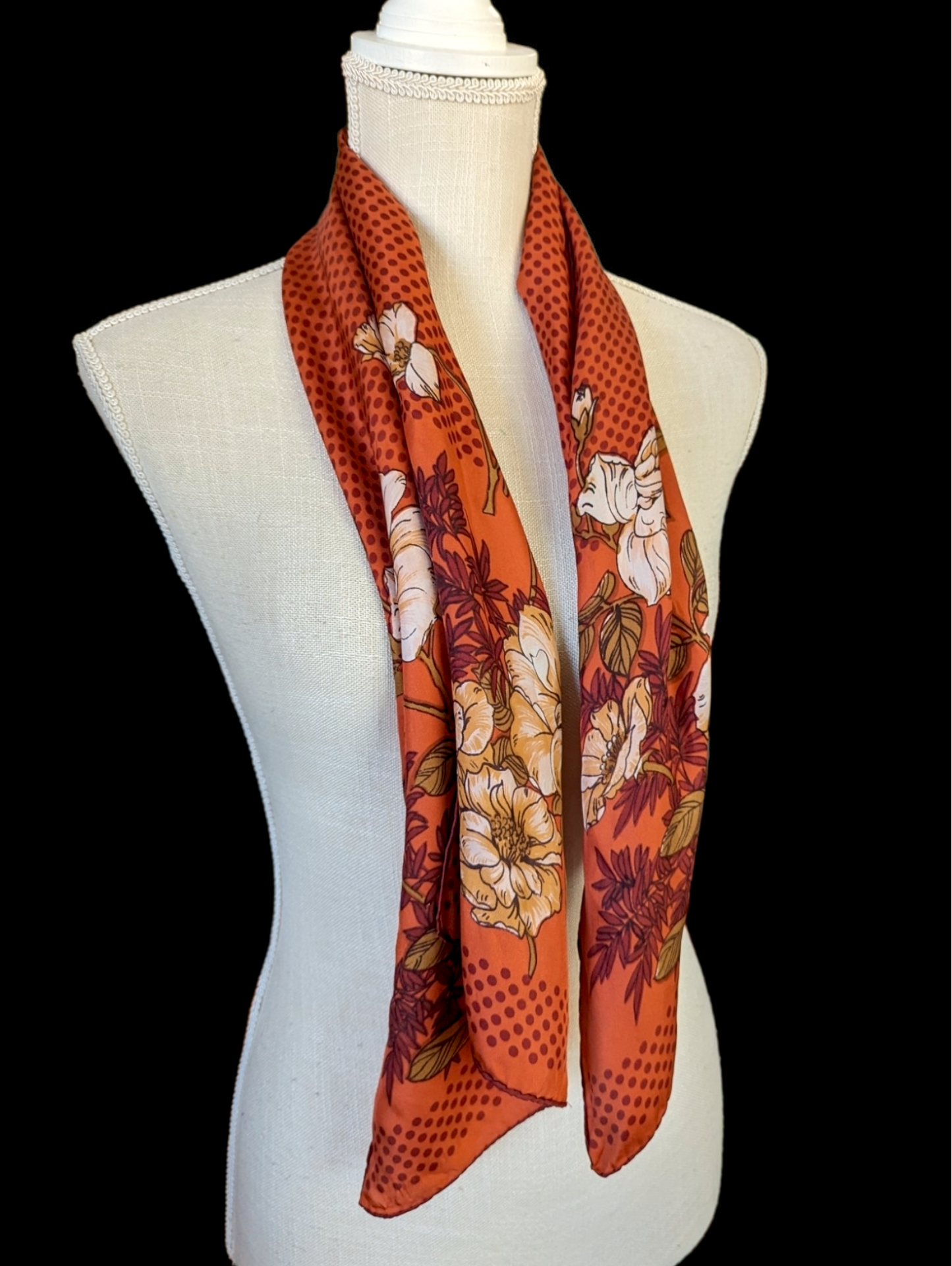 Mid-Century Modern Rust Orange and Magnolia Polka Dot Silk Scarf with Rolled Hem