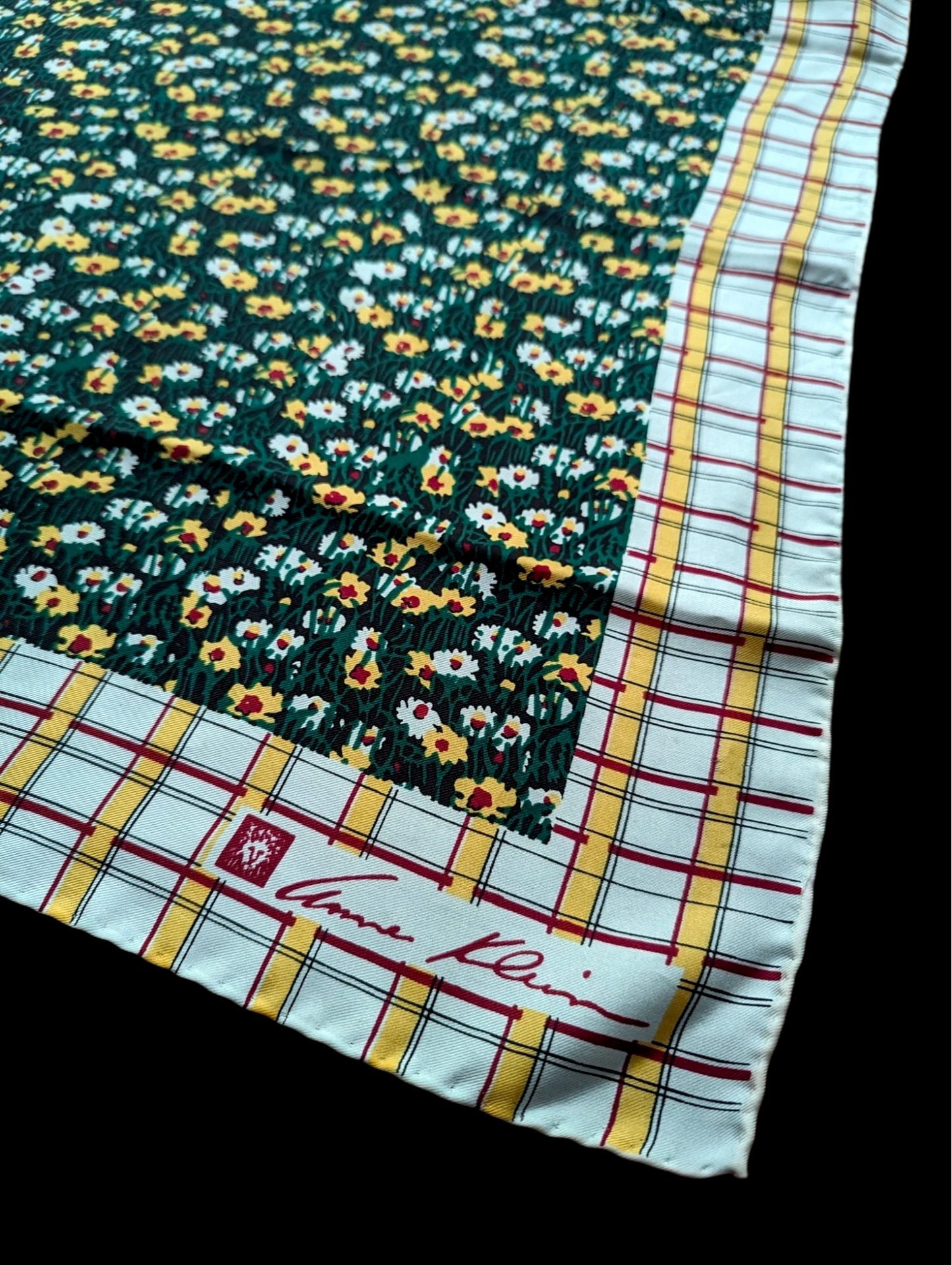 Vintage Anne Klein Green Wildflower Plaid Silk Scarf