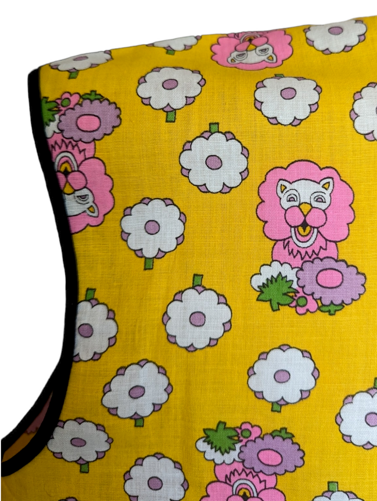 1970s Pink Lion Smock Art Top with Mustard Yellow Background and Black Trim