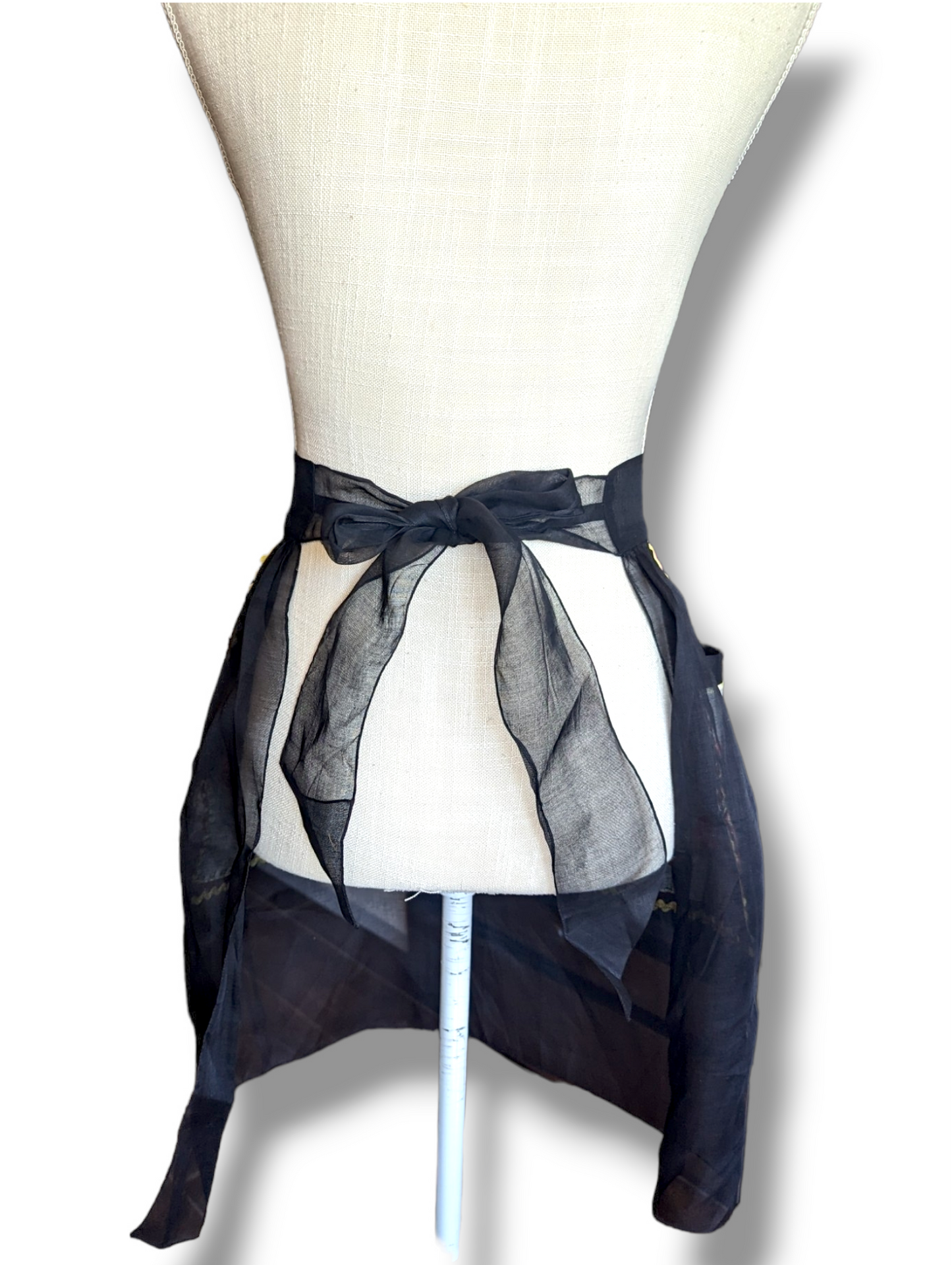1960s Sheer Black and Floral Half Apron with Wavy Trim