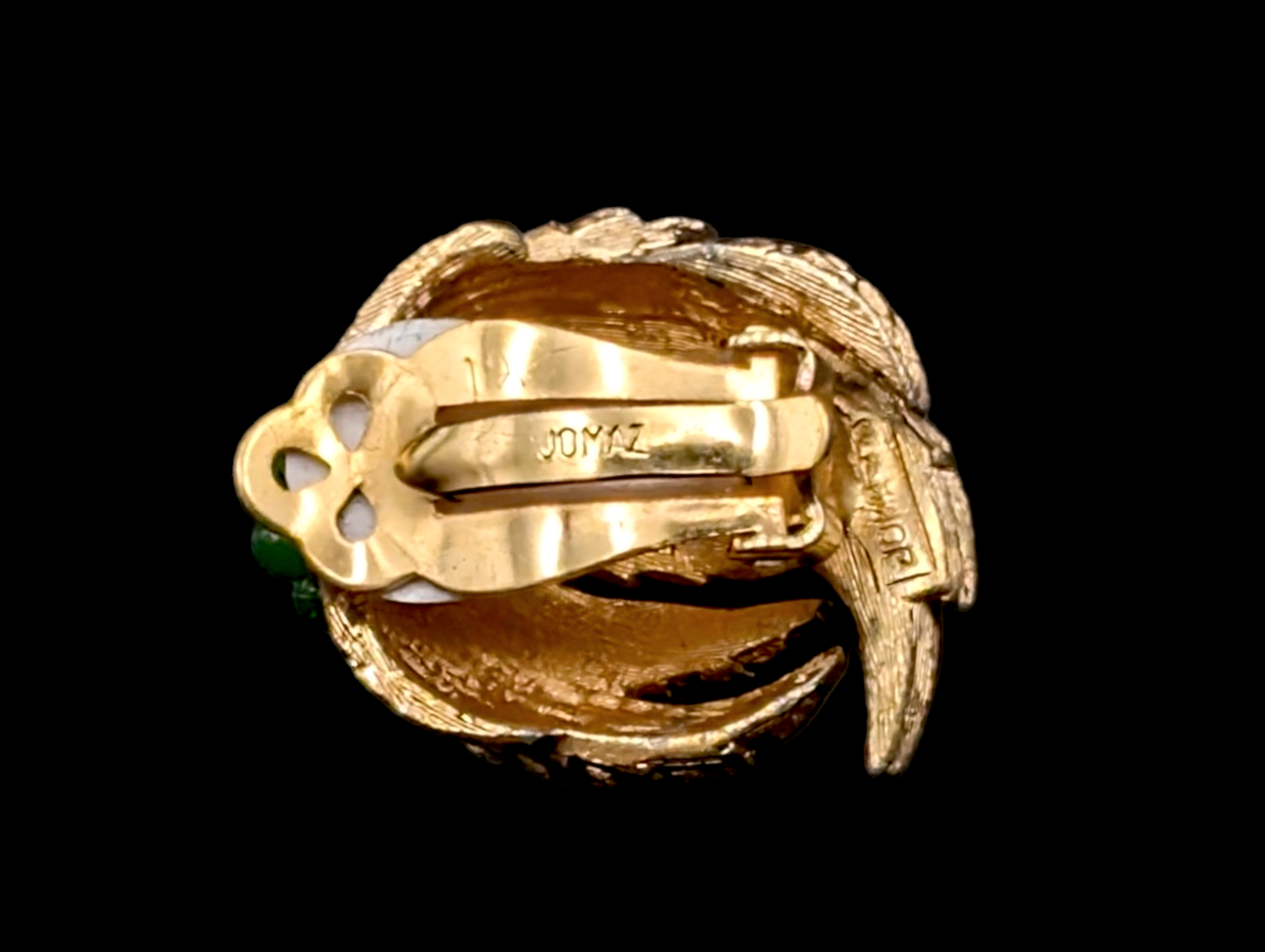 Rare 1960s Jomaz Gold Plated and Simulated Glass Jade Flower Earrings