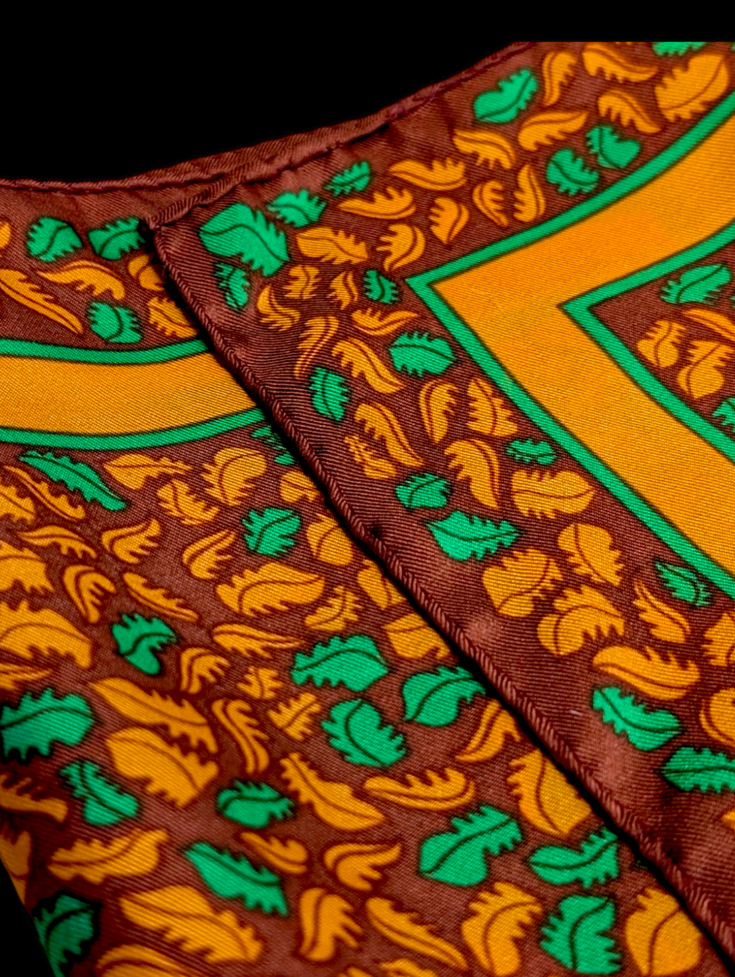 1960s - 1970s Vintage Anne Klein Autumn Leaves Green, Orange and Brown Square Silk Scarf