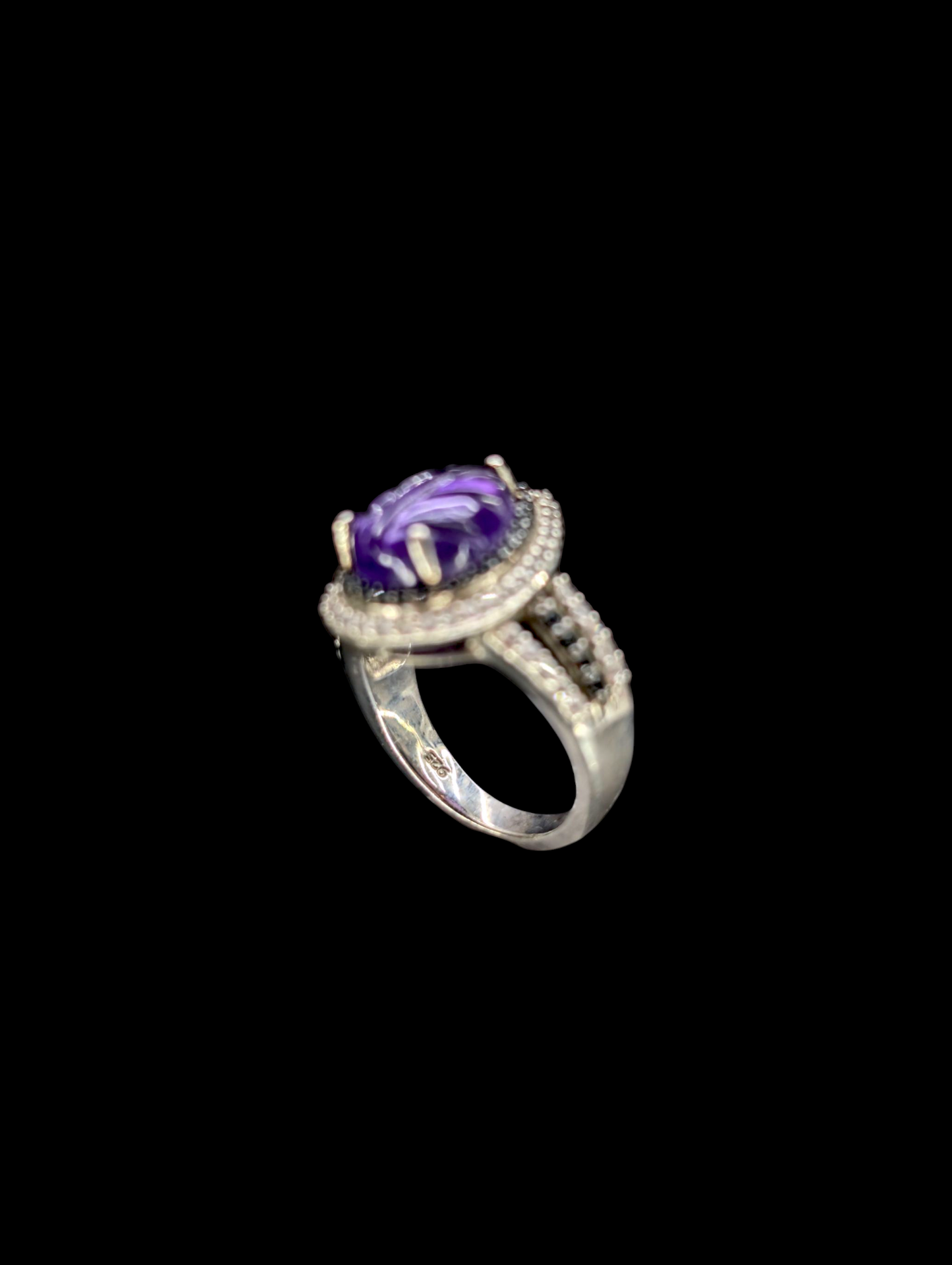 Vintage Carved Genuine Amethyst, White Topaz and Black Onyx Sterling Silver Ring