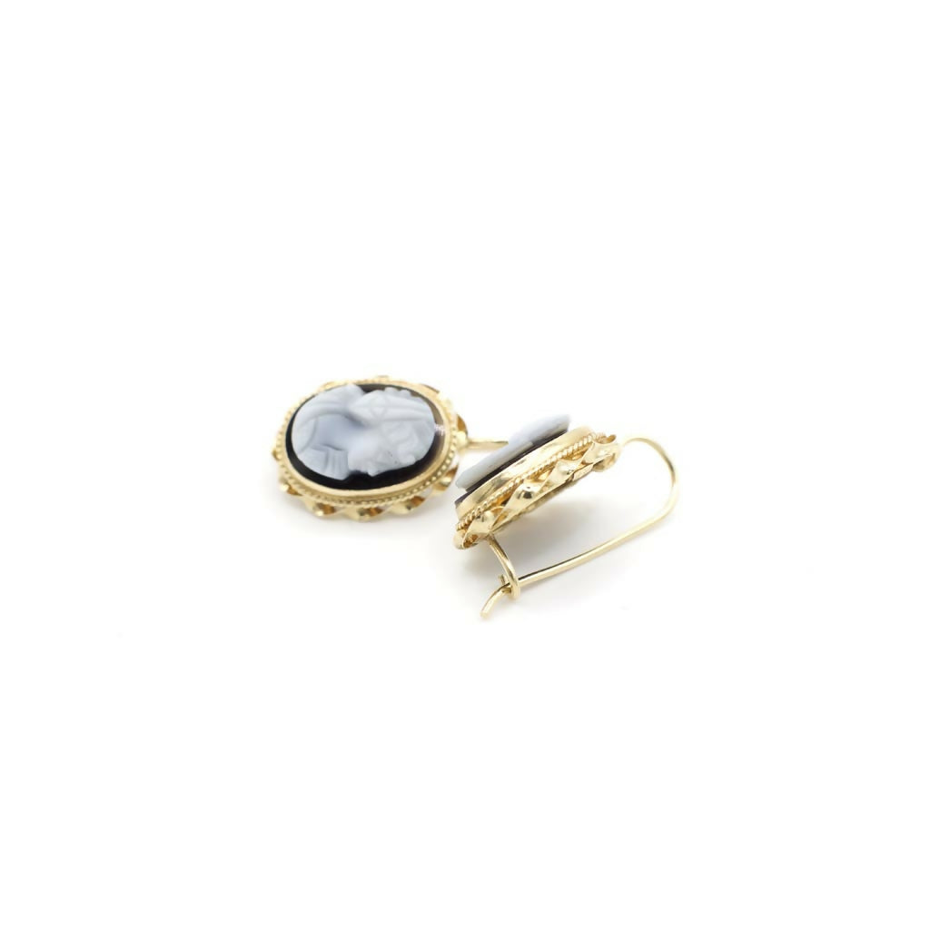 Vintage Genuine Onyx and 14K Yellow Gold Cameo Earrings