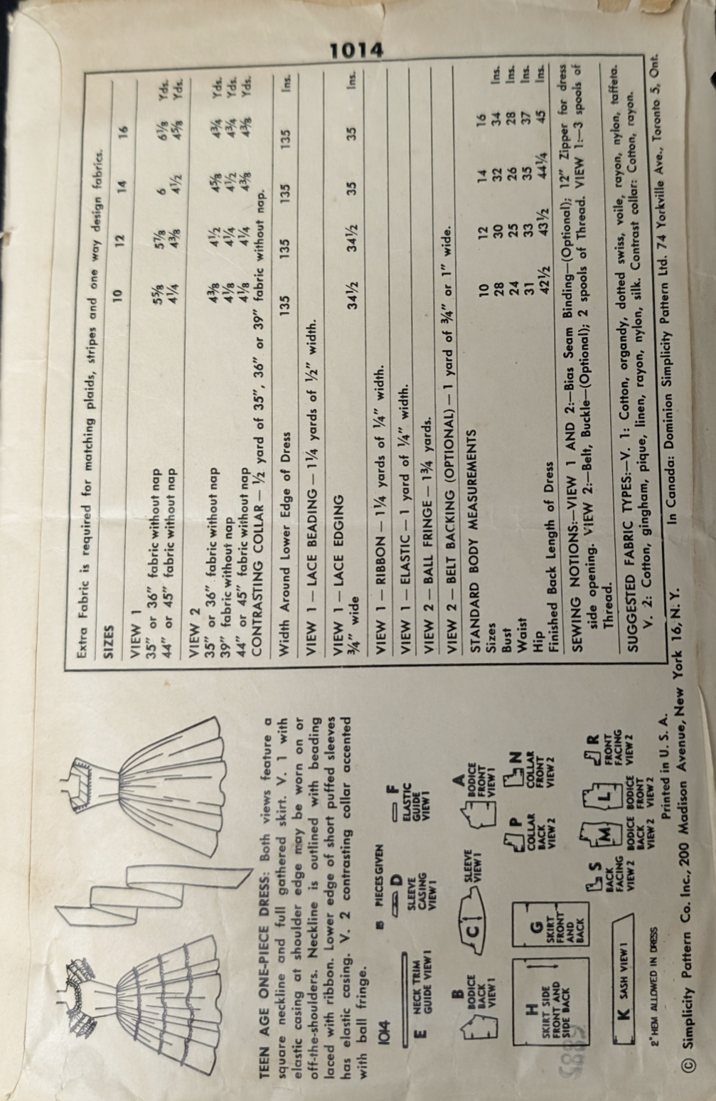 1950s Vintage Original Sewing Pattern: Simplicity 1014 Size 12