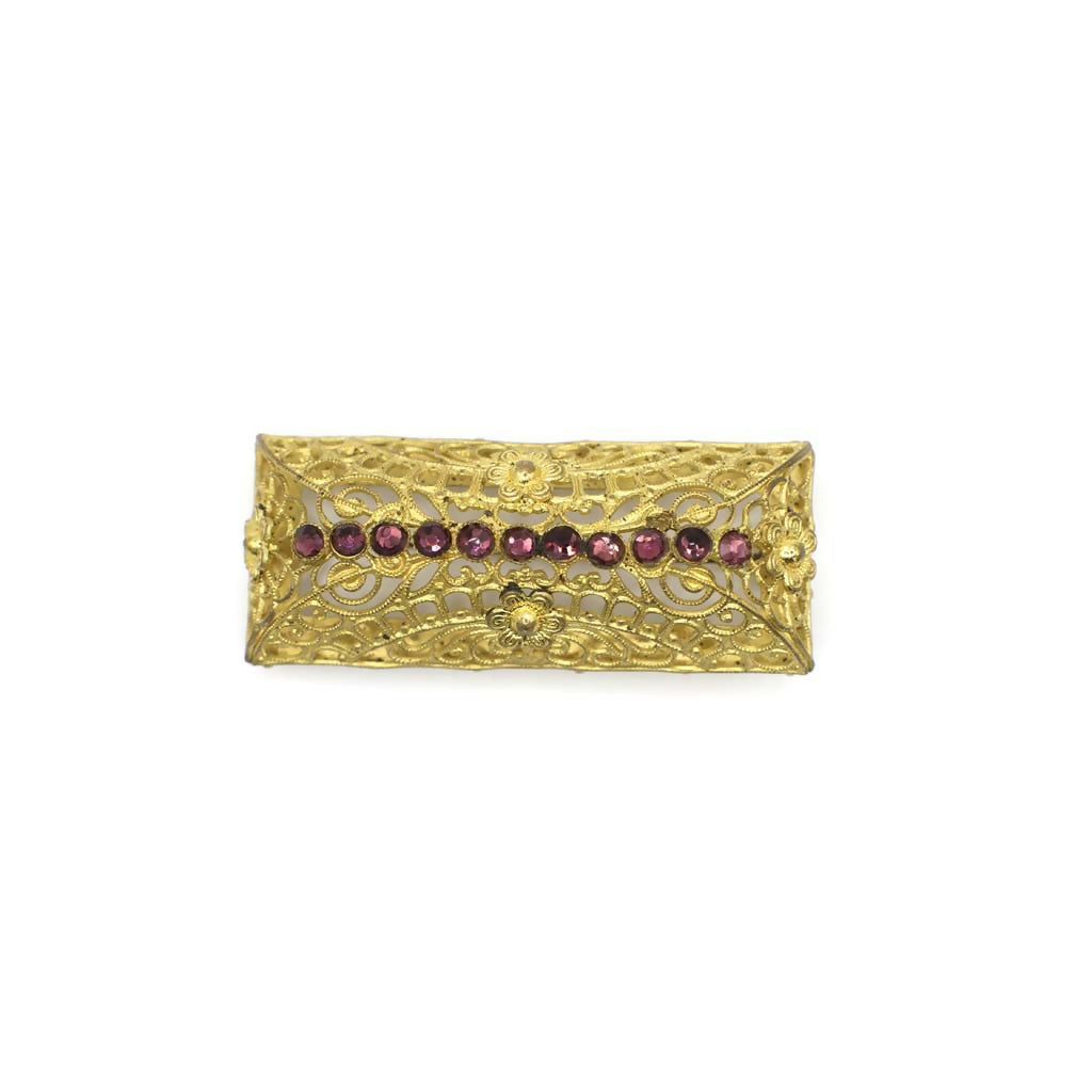 Vintage Rhinestone Gold Tone Filigree Cage Bar Pin