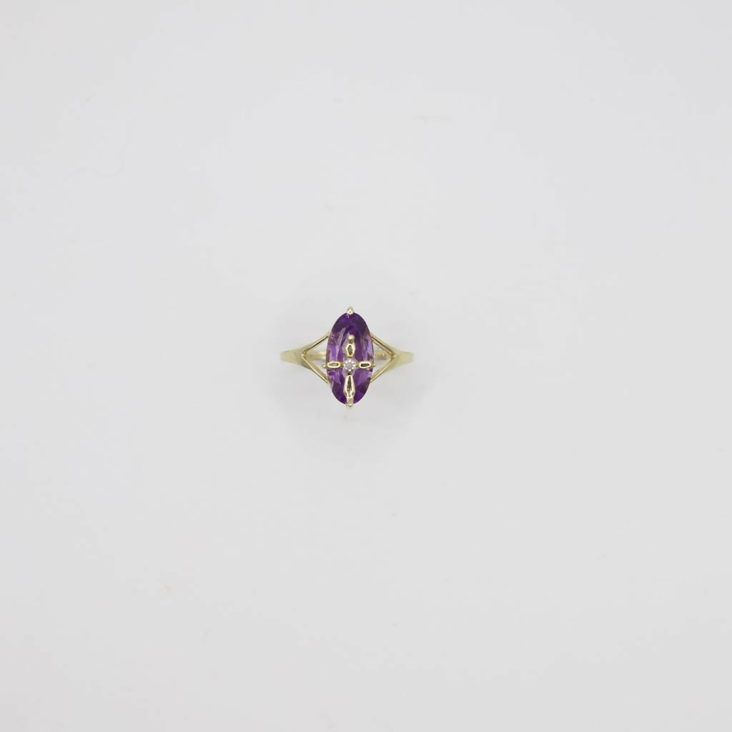 Vintage Genuine Diamond and Amethyst Cross Accented Ring In 10K Yellow Gold