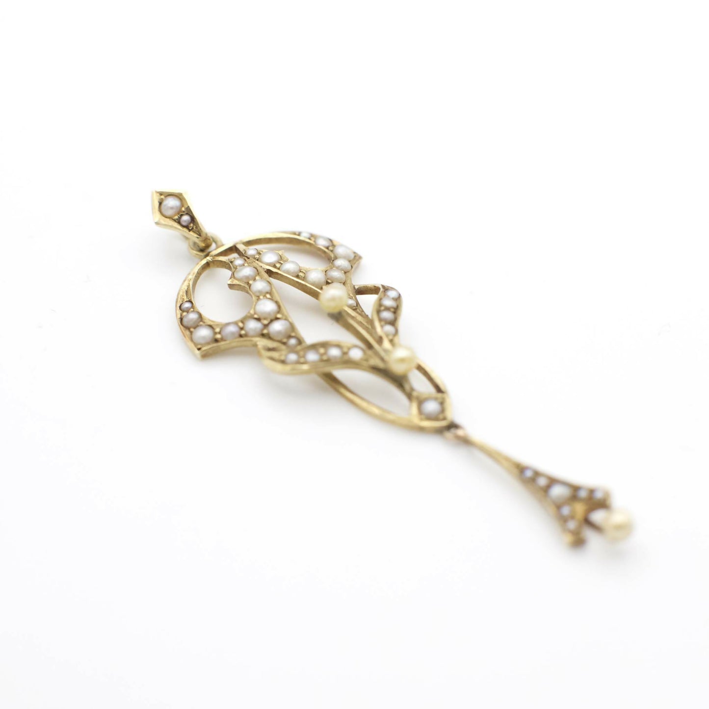Antique Circa 1910 Art Nouveau Seed Pearl and 14K Solid Yellow Gold Lavalier Pendant (Pendant Only)
