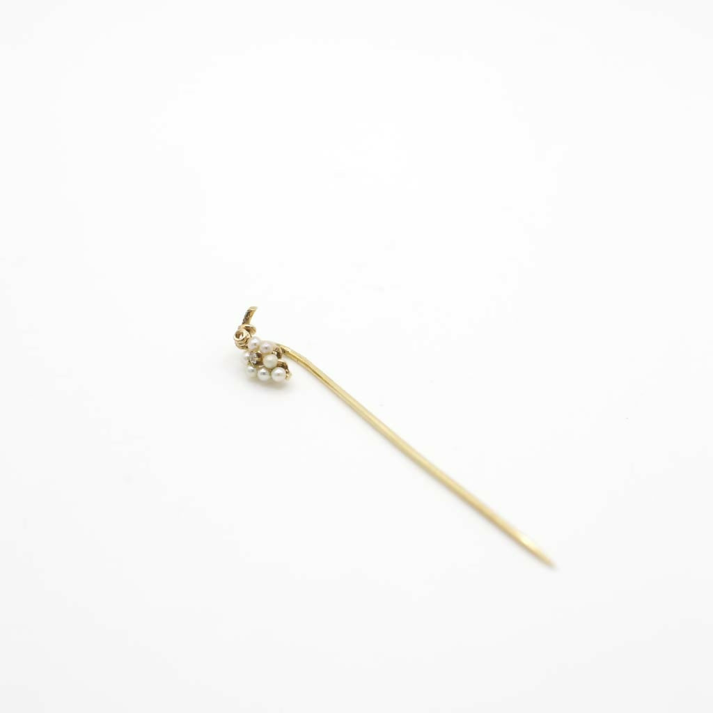 Vintage Genuine Diamond and Seed Pearl Stick Pin In 14K Yellow Gold