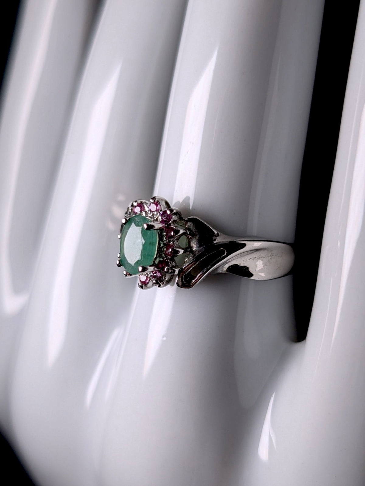 Vintage Genuine Emerald Solitaire with Pink Tourmaline Starburst Halo Sterling Silver Ring