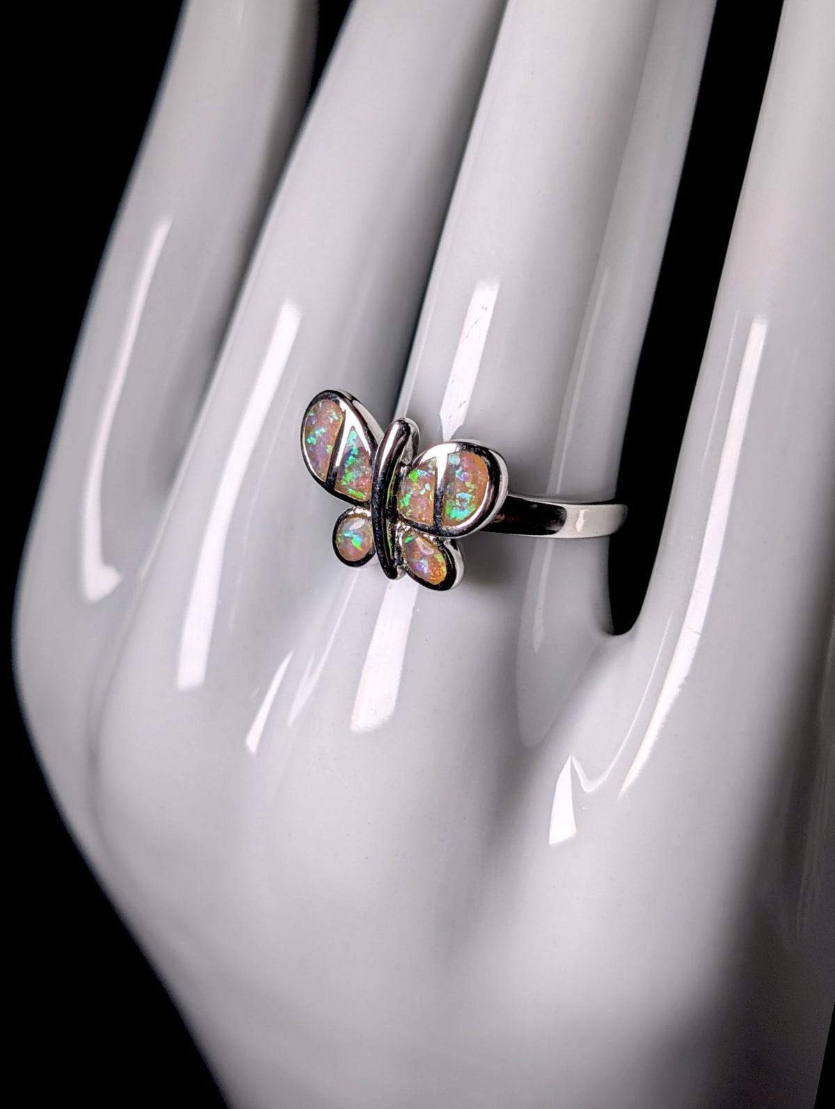 Vintage Genuine Opal Inlay Butterfly White Gold over Sterling Ring