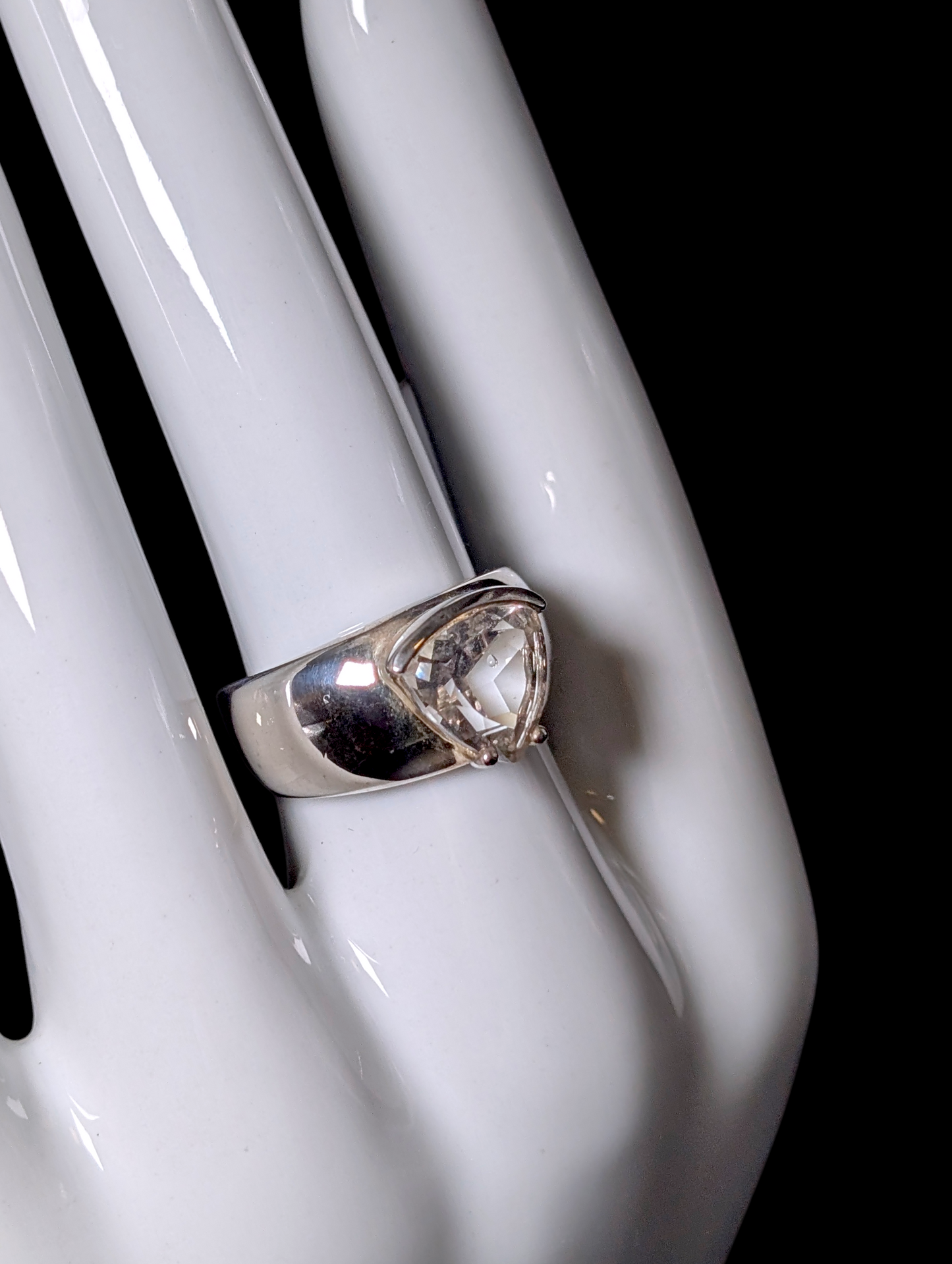Vintage Trillion Cut Solitaire Genuine White Topaz Sterling Silver Wide Band Ring