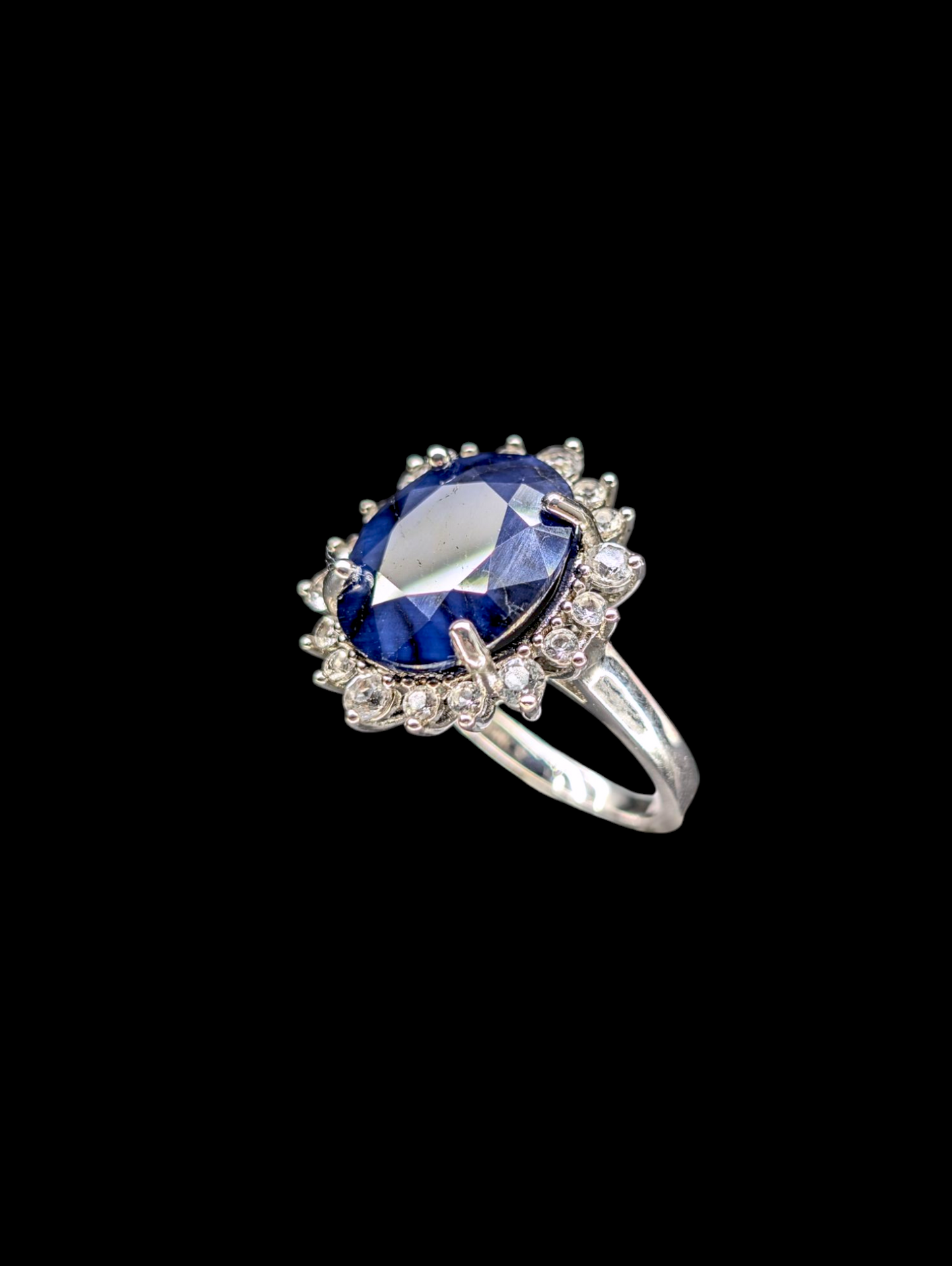 Vintage 6+ Carat Diana Inspired Earth Mined Solitaire Royal Blue Oval Cut Genuine Sapphire with White Zircon Halo Rhodium over Sterling Silver Ring