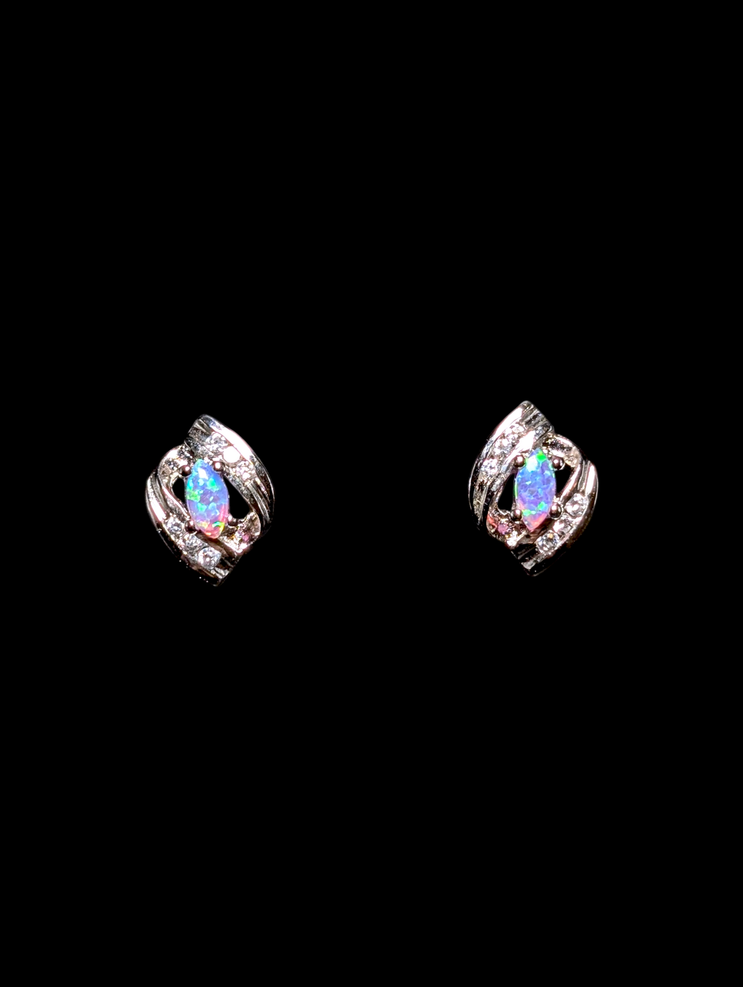 Vintage Marquise Cut Genuine Opal and Simulated Diamond Accents Sterling Silver Post Earrings