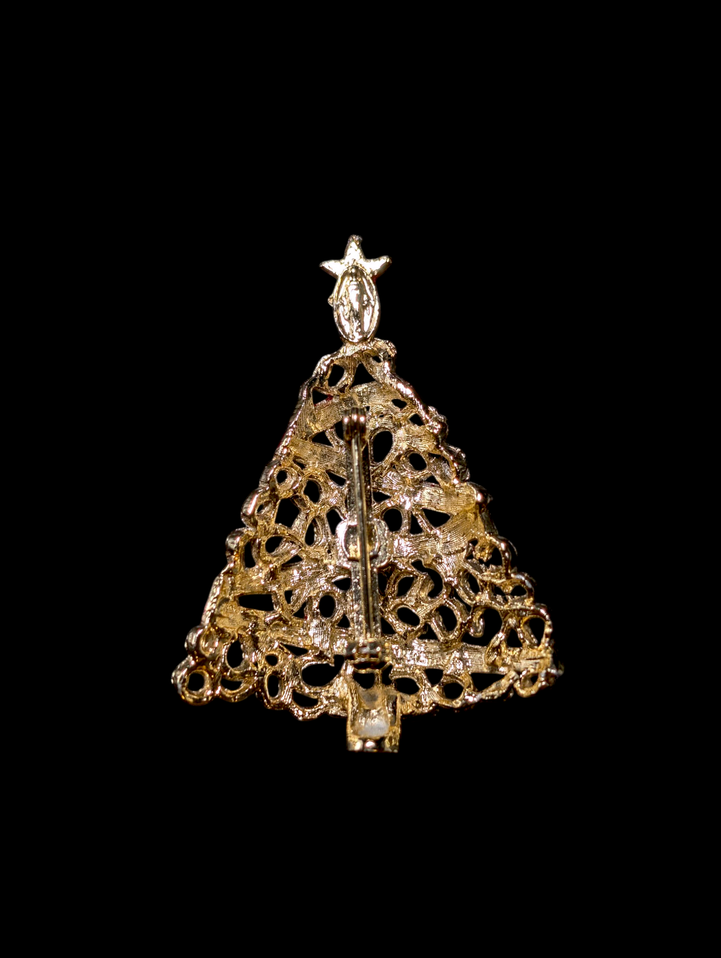 Vintage Christmas Tree Enamel Ribbon Gold Toned Brooch Pin