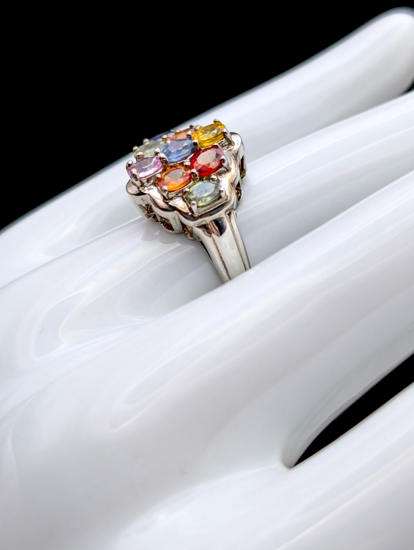 Vintage Rainbow Genuine Fancy Sapphire Sterling Silver Cluster Ring