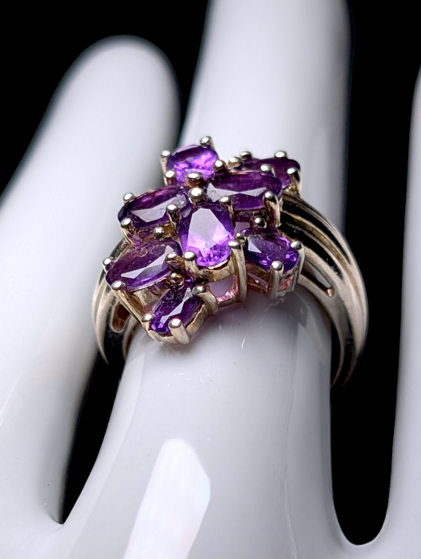 Vintage Cluster Waterfall Genuine Grape Purple Amethyst Sterling Silver Ring