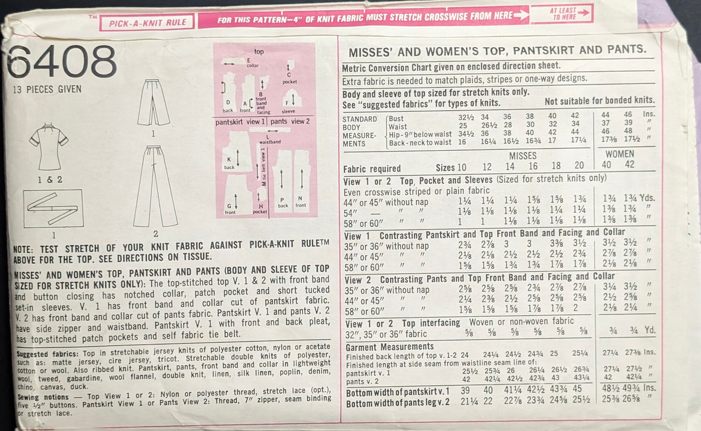 1960s - 1970s Original Vintage Sewing Pattern: Simplicity 6408 Size 12