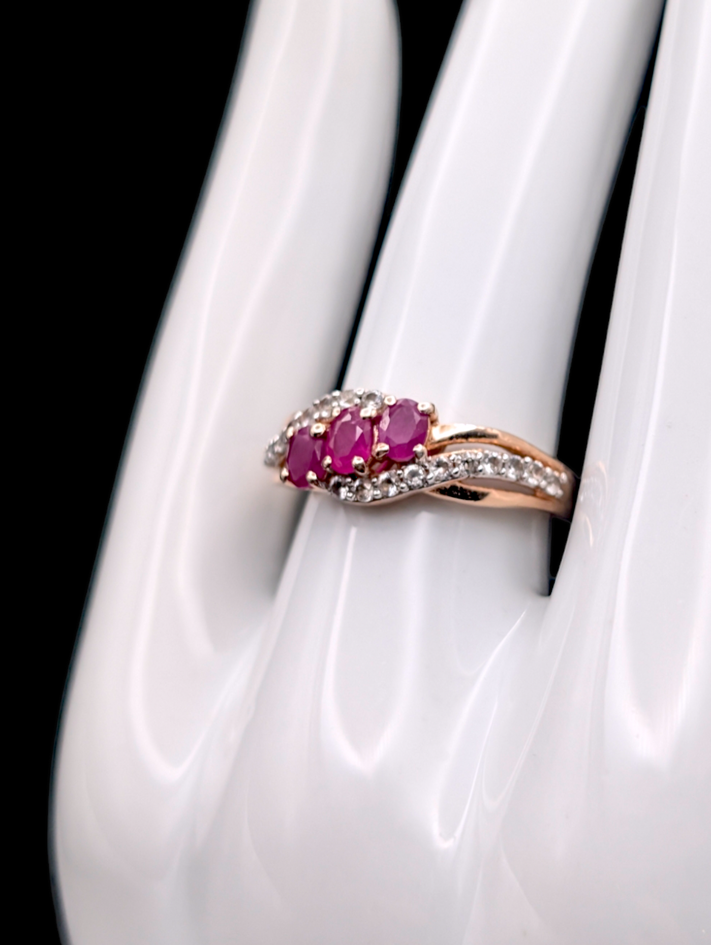 Vintage Tri Stone Genuine Earth Mined Ruby and White Topaz Accent 24k Gold Vermeil Ring Test