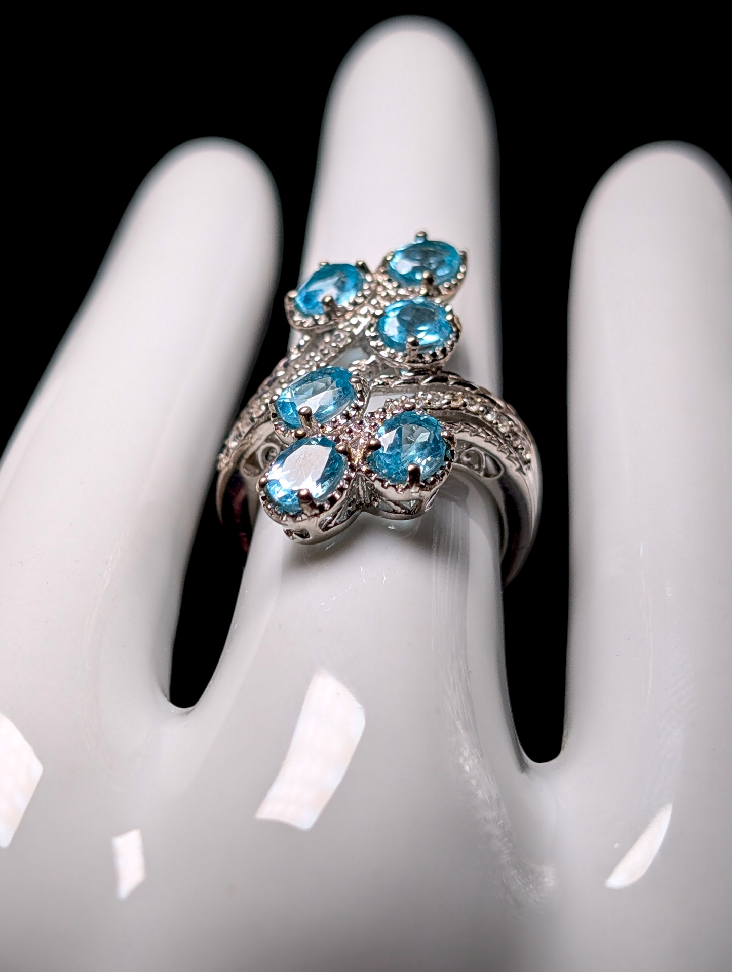 Vintage Six Stone Genuine Blue Apatite and White Zircon Sterling Silver Cocktail Ring