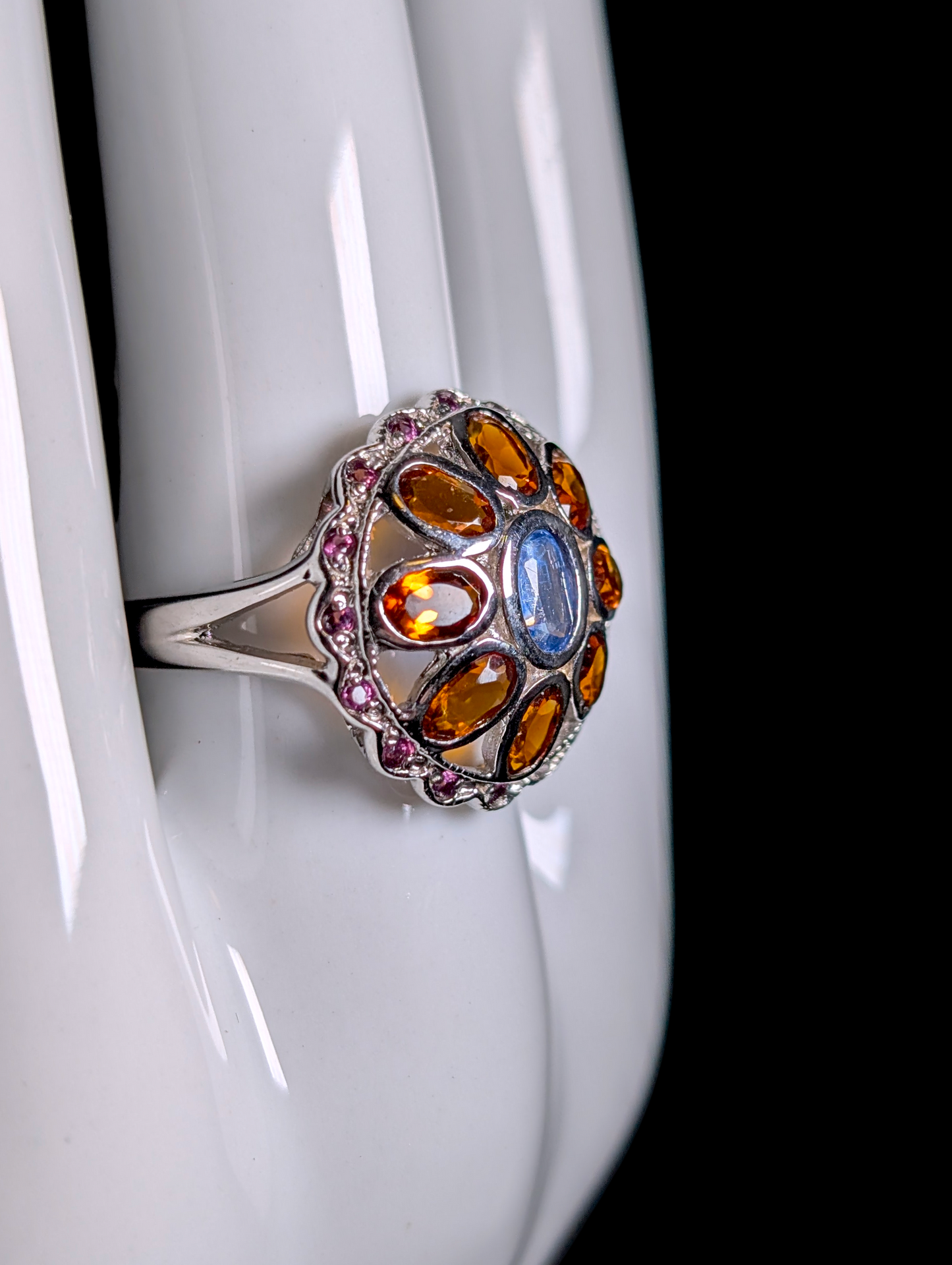 Vintage Round Cluster Genuine Kyanite, Citrine and Tourmaline Sterling Silver Ring