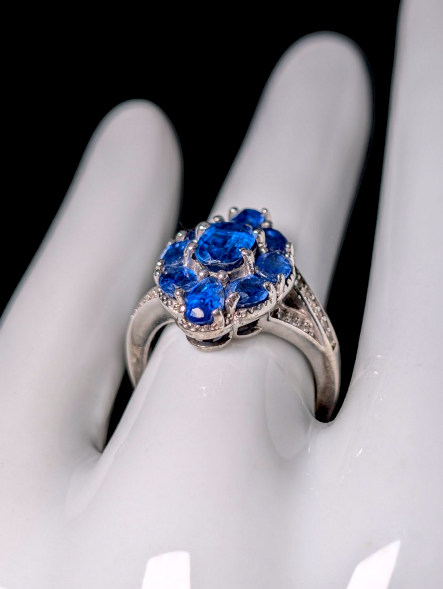 Vintage Cluster Genuine Kashmir Kyanite with White Zircon Accents Cross Over Sterling Silver Ring