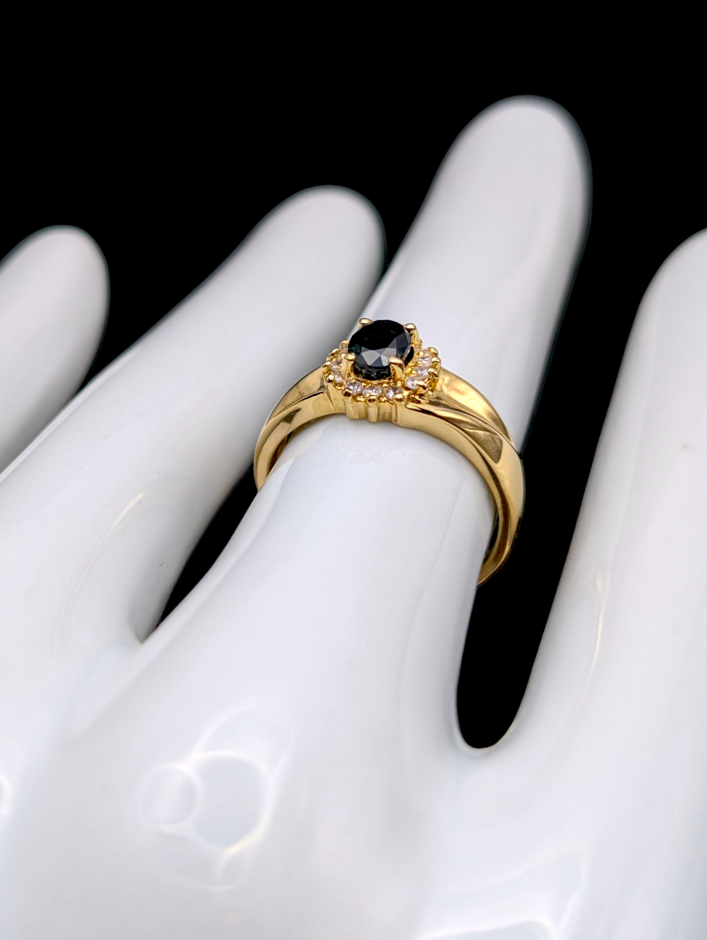 Vintage Oval Solitaire Genuine London Blue Topaz and Simulated Diamond Halo Gold Toned Ring