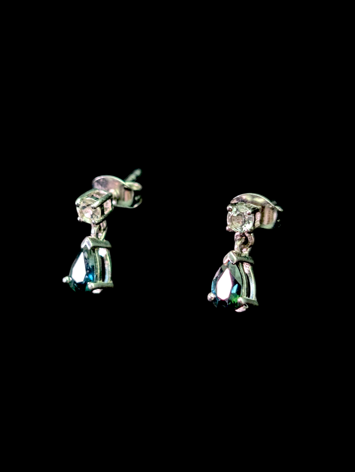 Vintage Pear Cut Genuine London Blue Topaz and White Zircon Sterling Silver Earrings
