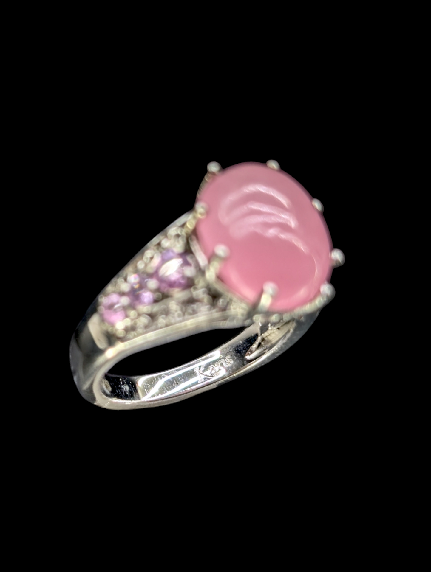 Vintage Karis Oval Cabochon Cut Genuine Pink Jade and Genuine Pink Sapphire Sterling Silver Ring