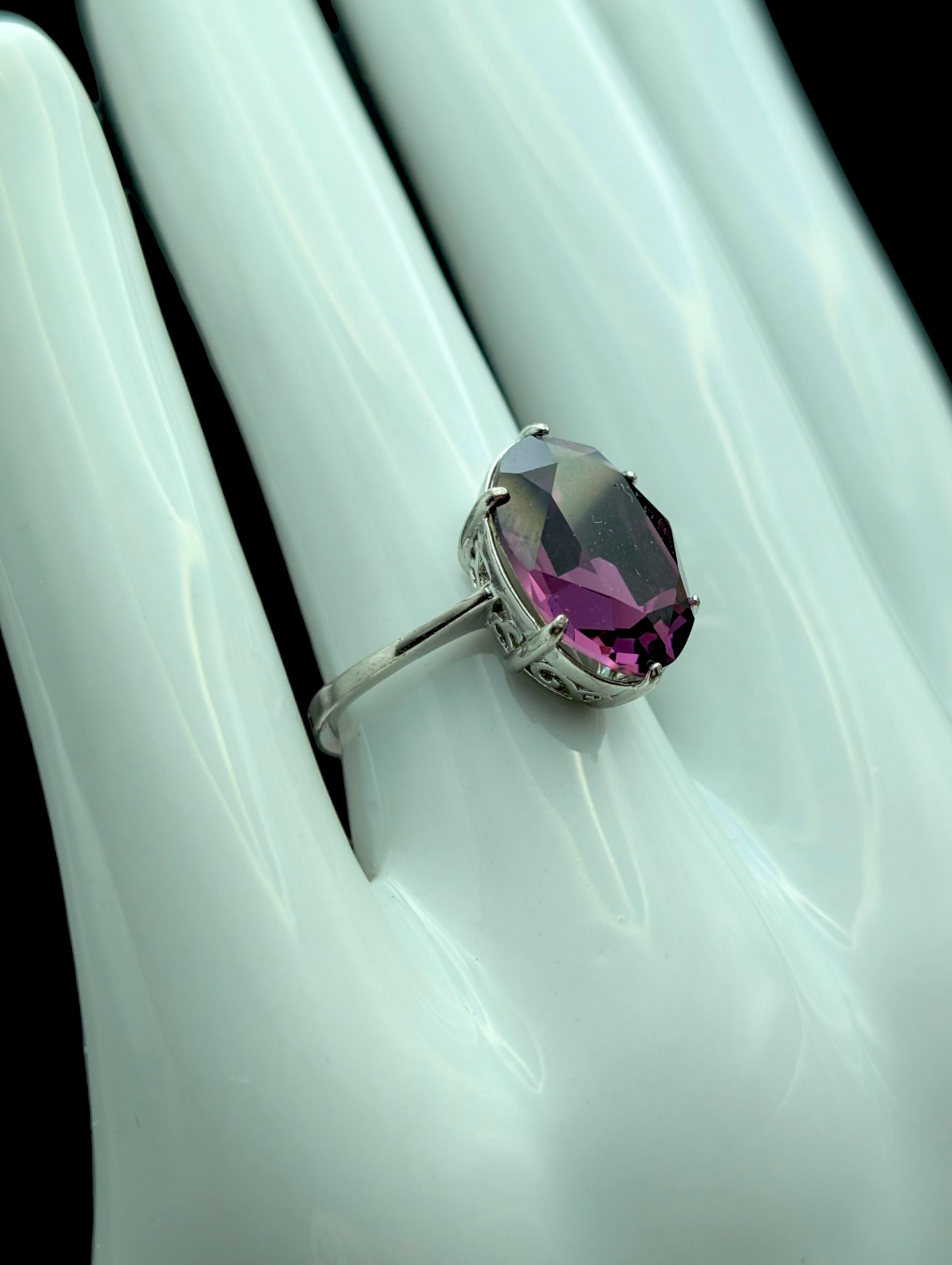 Vintage Dazzling Large Solitaire Simulated Amethyst Silver Statement Ring